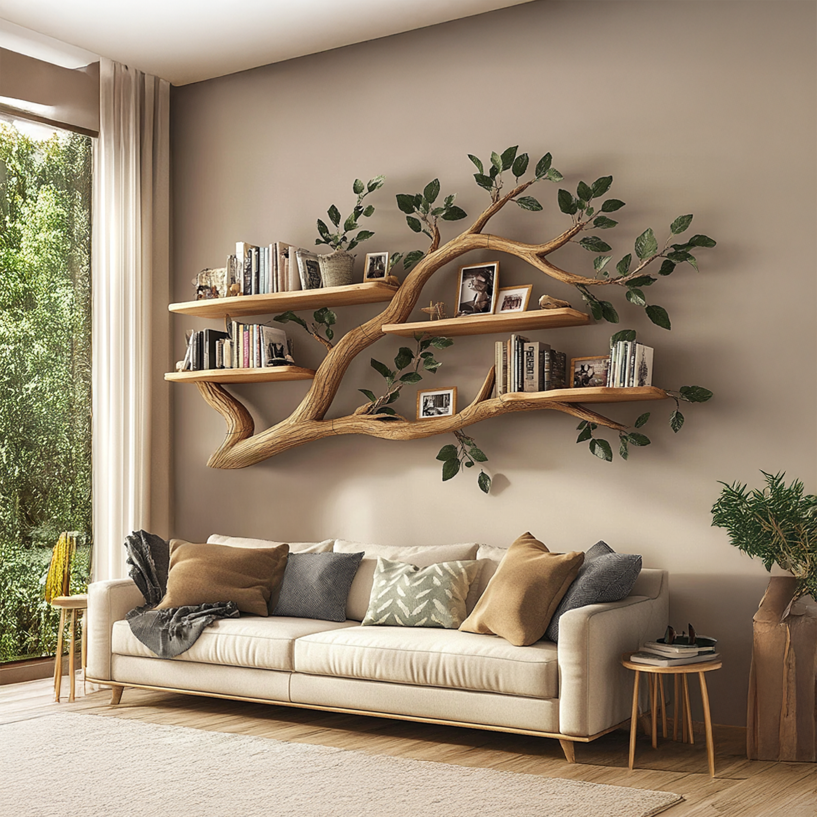 Rustic Wall Mounted Branch Bookshelf Living room SINLSATBS036