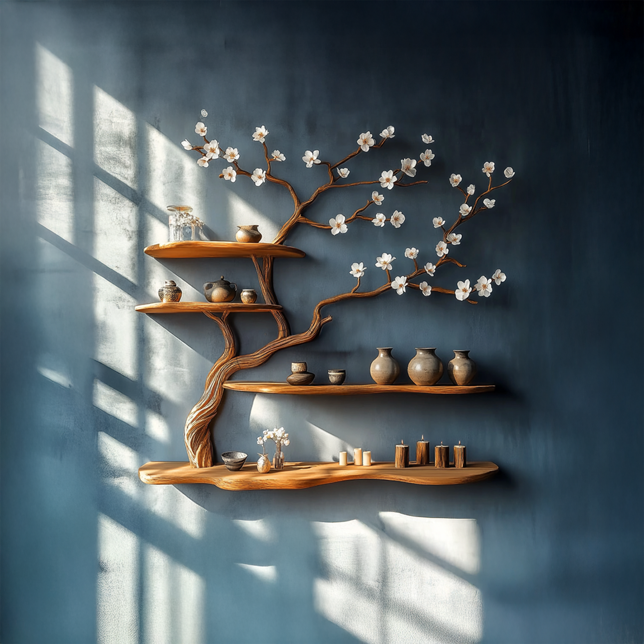 Rustic Blossom Floating Shelf Solid Wood Wall Art Living Room SINLSATBS075