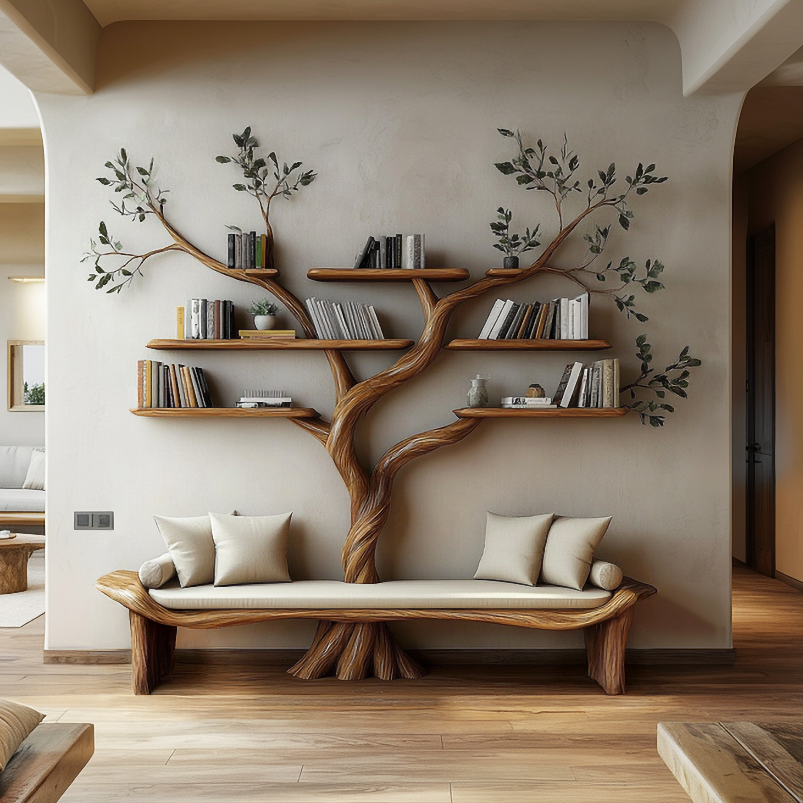 Rustic Sculptural Tree Bookshelf Bench Living Room Interior Statement Furniture SINLSATB644