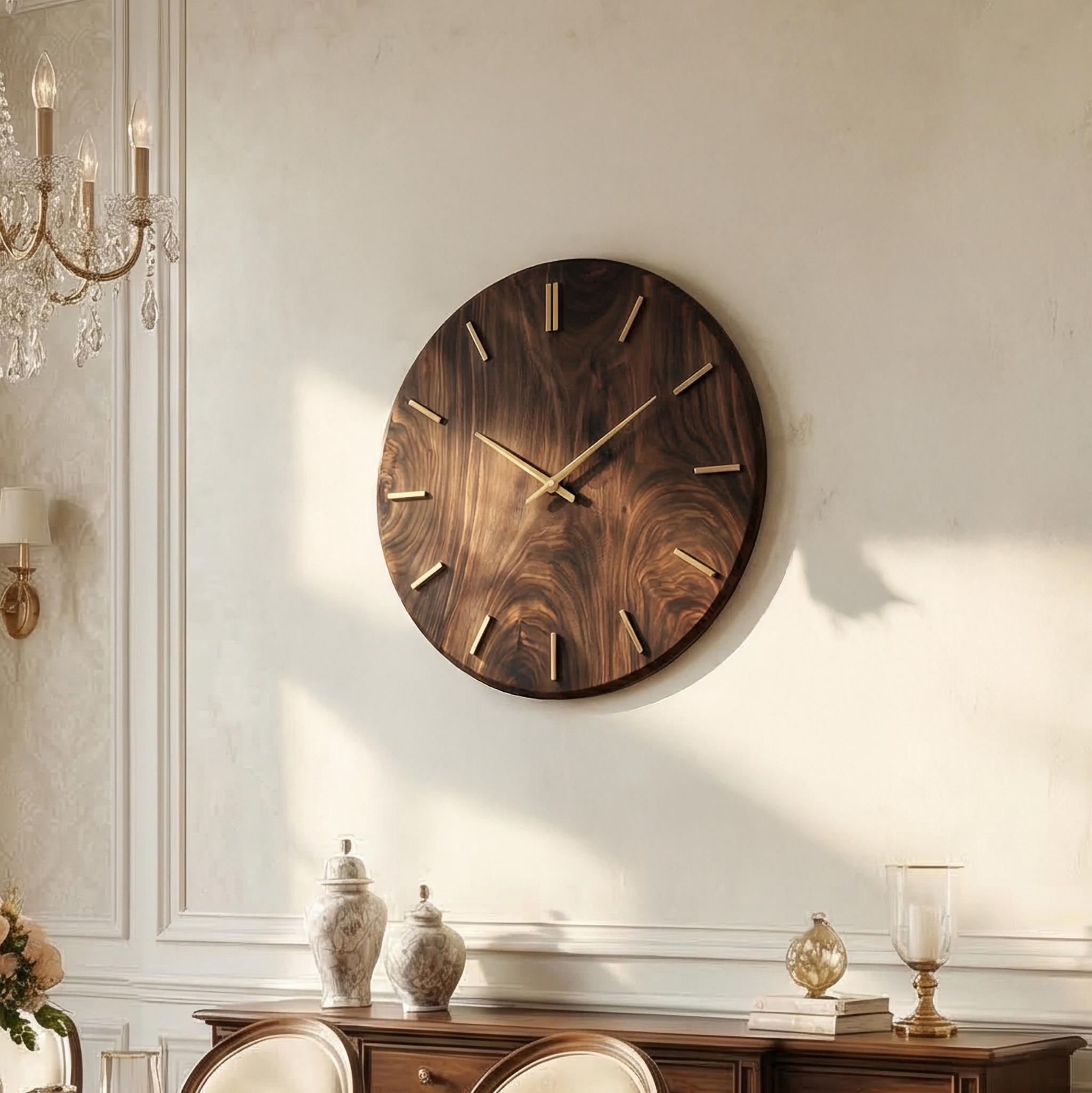 Modern Round Solid Wood Wall Clock Natural Wood Living Room SINLSACK023