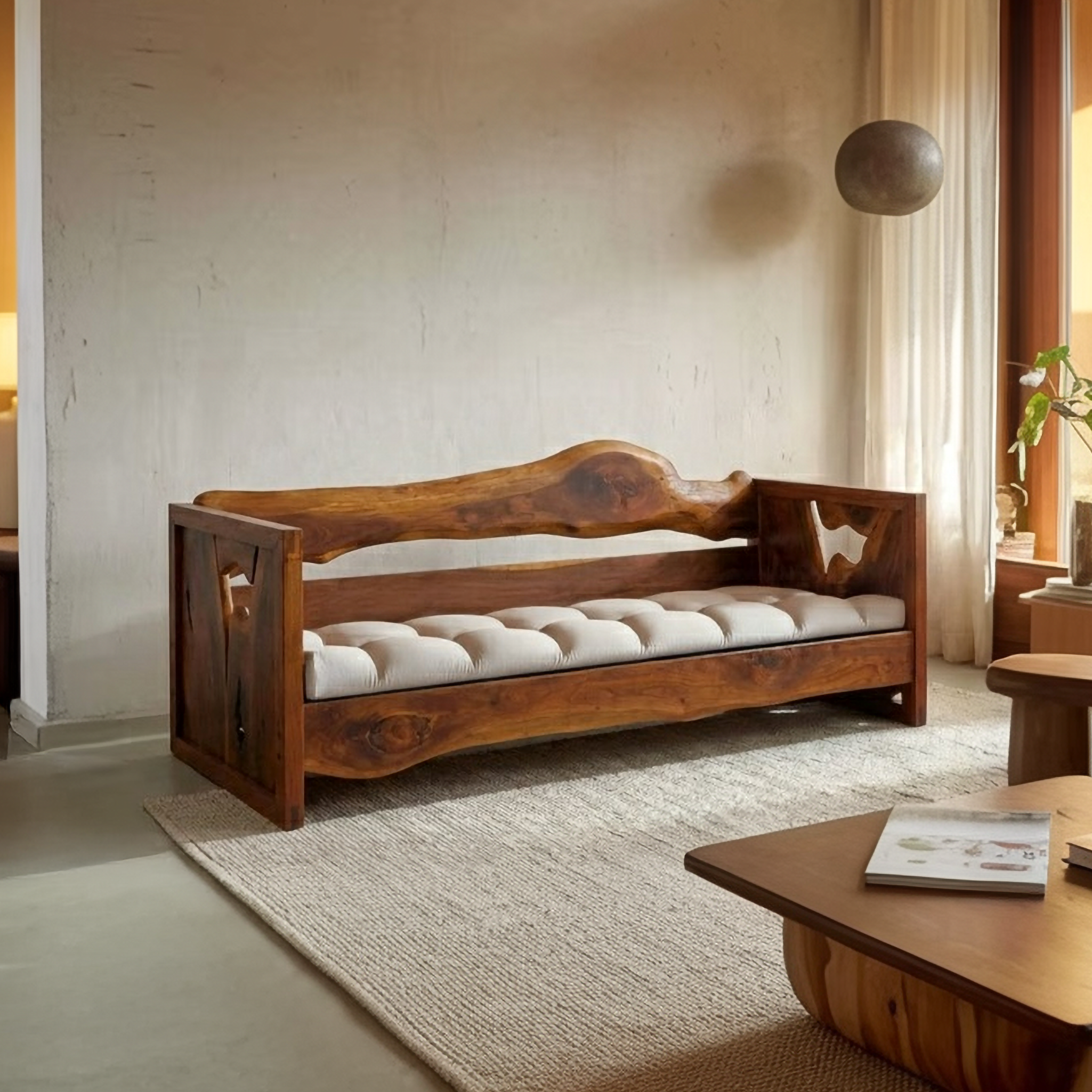 Rustic Solid Wood Sofa Living Room Natural Sculptural Couch SINLSASF003