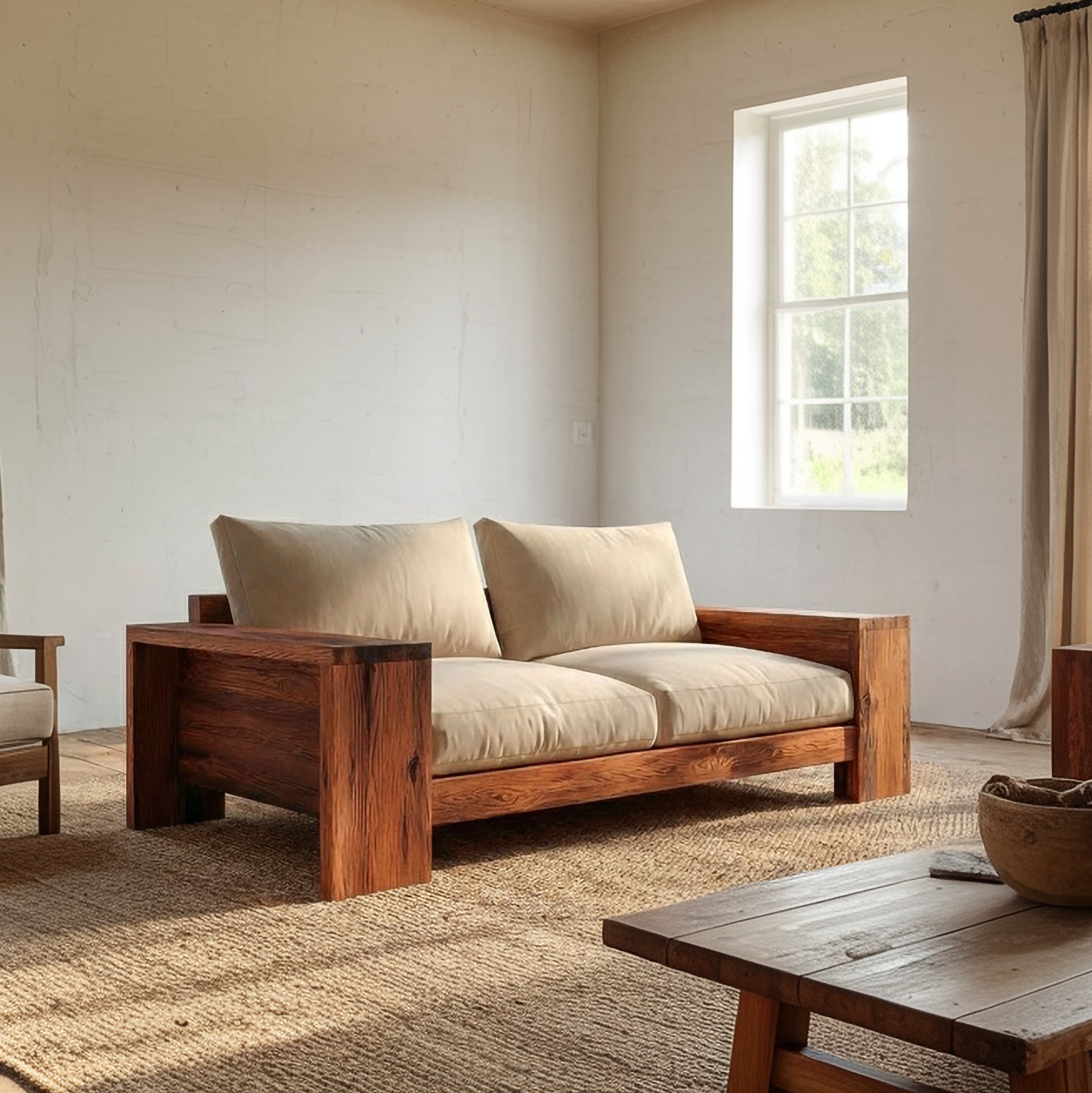 Rustic Solid Wood Sofa Living Room Minimalist Wooden Couch Interior Decor SINLSASF006