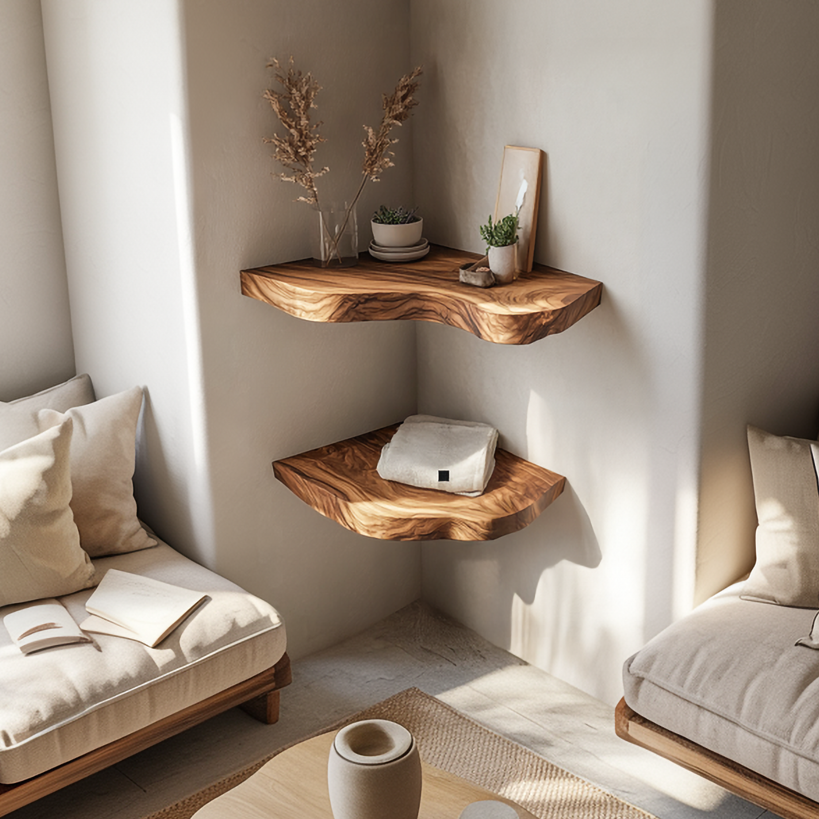 Rustic Live Edge Corner Floating Shelves Solid Wood Living Room Interior Display SINLSAFL420