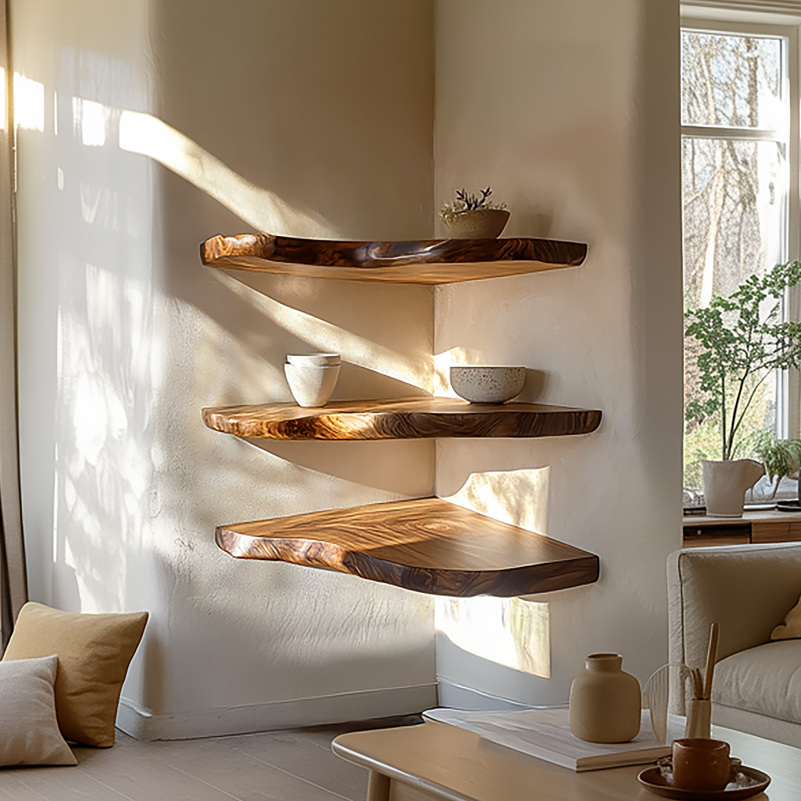Rustic Nature Inspired Floating Display Shelves Solid Wood Living Room Interior Statement Feature SINLSAFL415