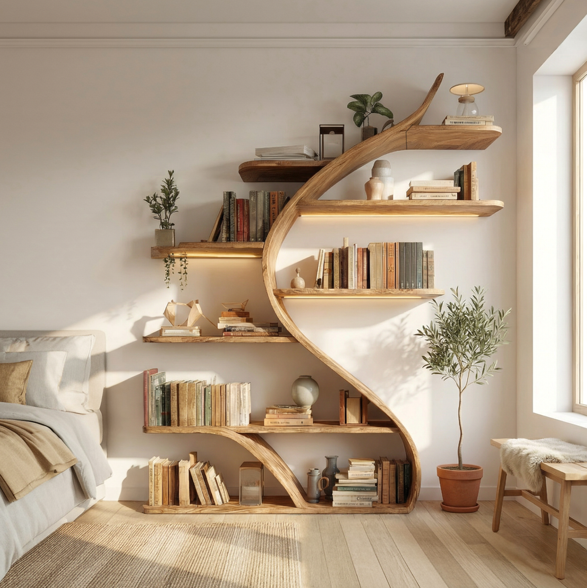 Rustic Curved Wall Bookshelf For Bedroom And Living Room SINLSASC471