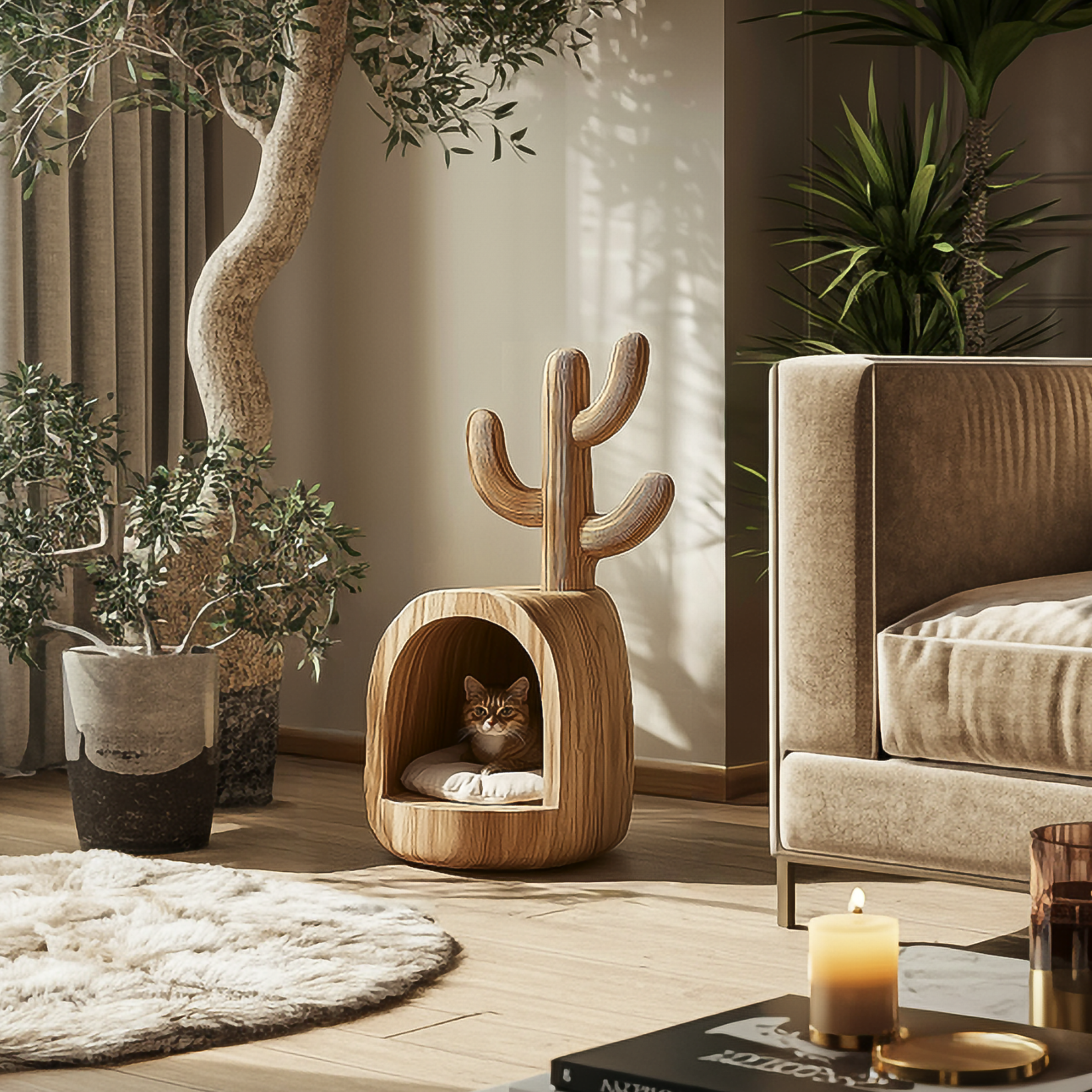 Organic Wooden Cat House Pet Furniture Living Room SINLSATT104