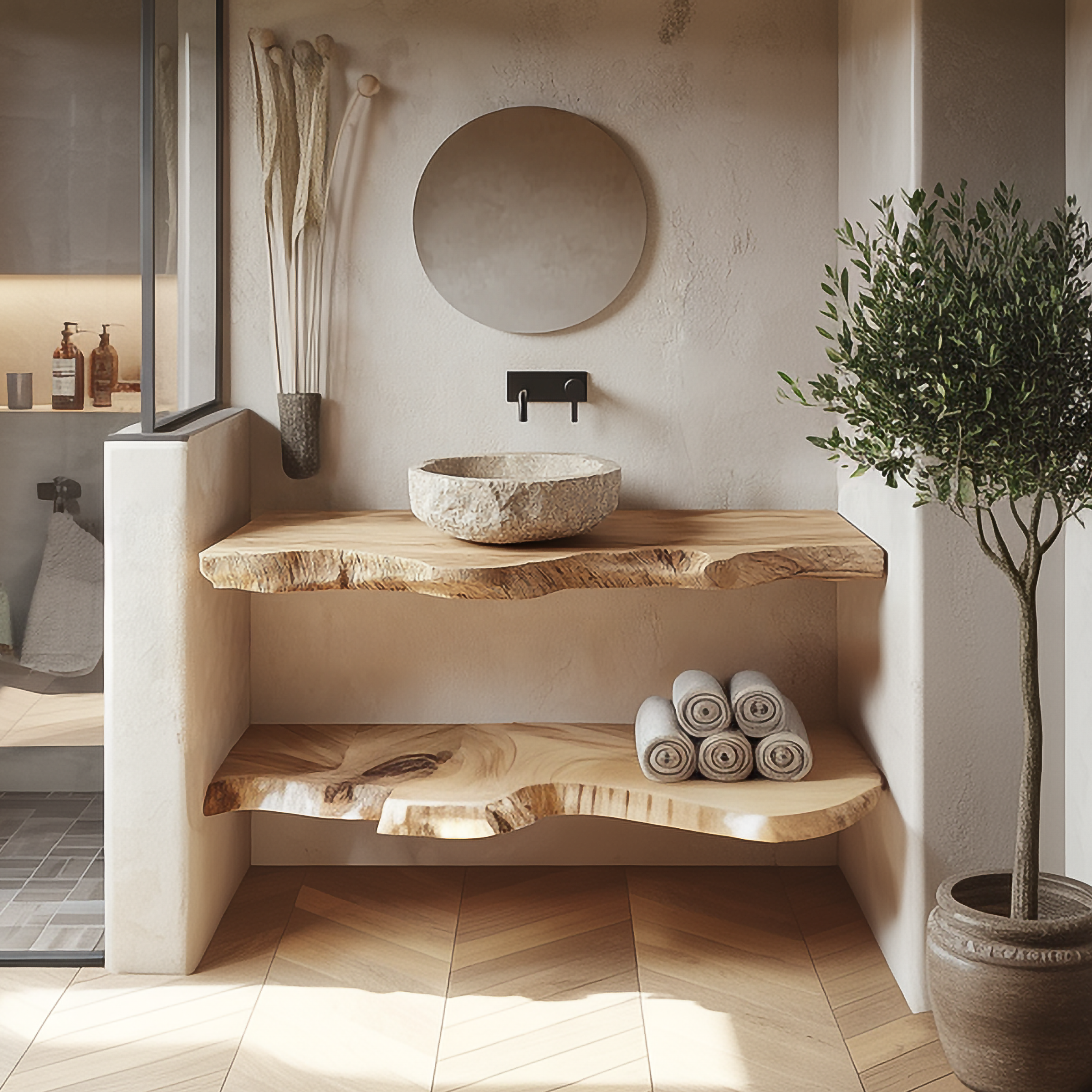 Rustic Bathroom Vanity Shelf Thick Slab Wood Bathroom Style SINLSABRV241