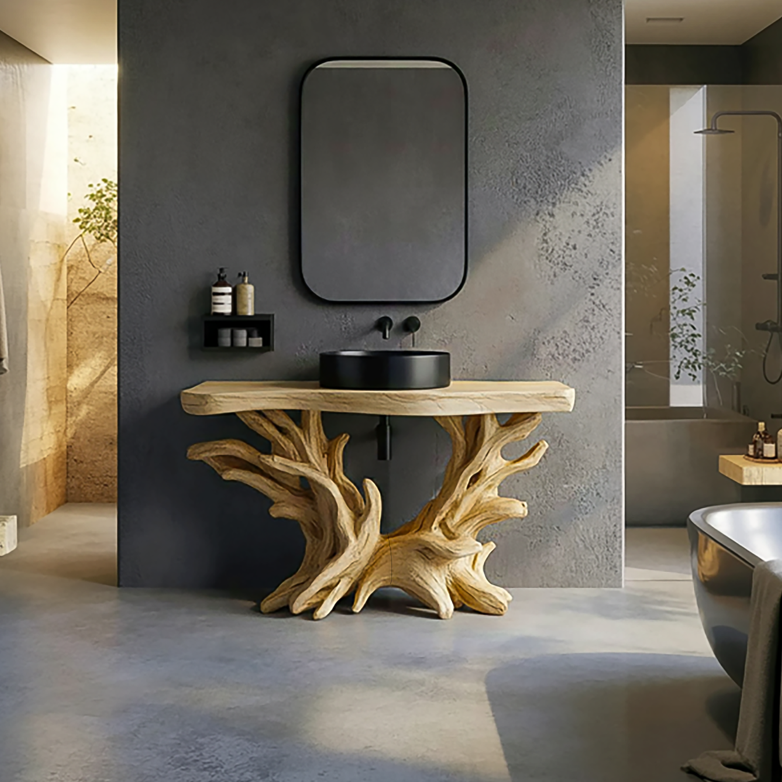 Sculptural Rustic Bathroom Vanity Root Wood Console Freestanding SINLSABRV257