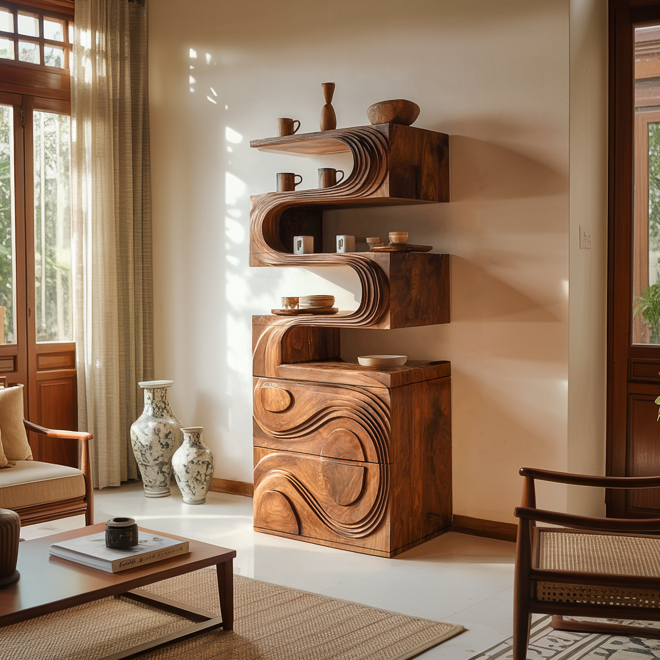 Organic Modern Display Cabinet And Shelves For Living Room And Entryway SINLSASC441