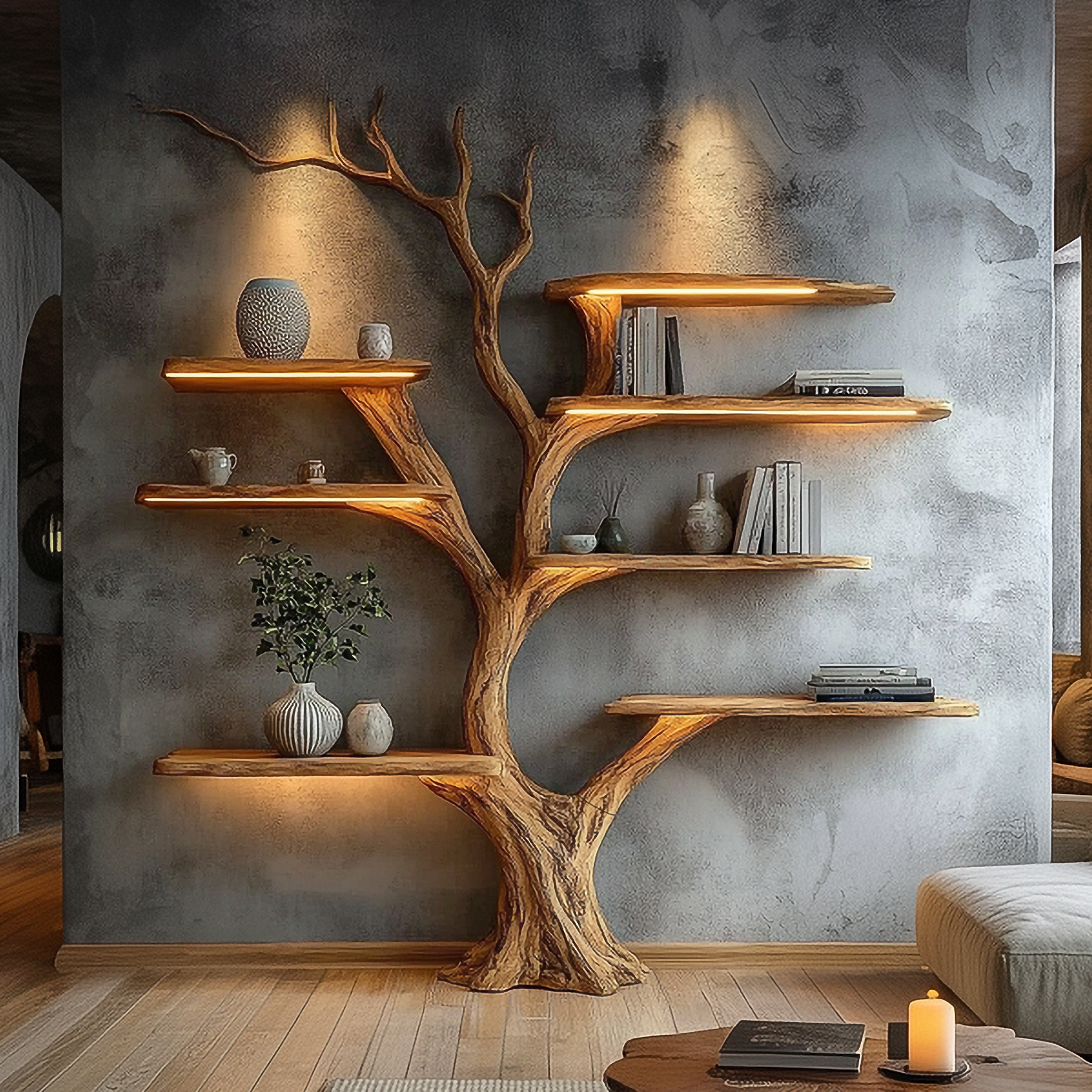 Rustic Sculptural Tree Bookshelf Living Room Interior Statement Wall Feature SINLSATB658