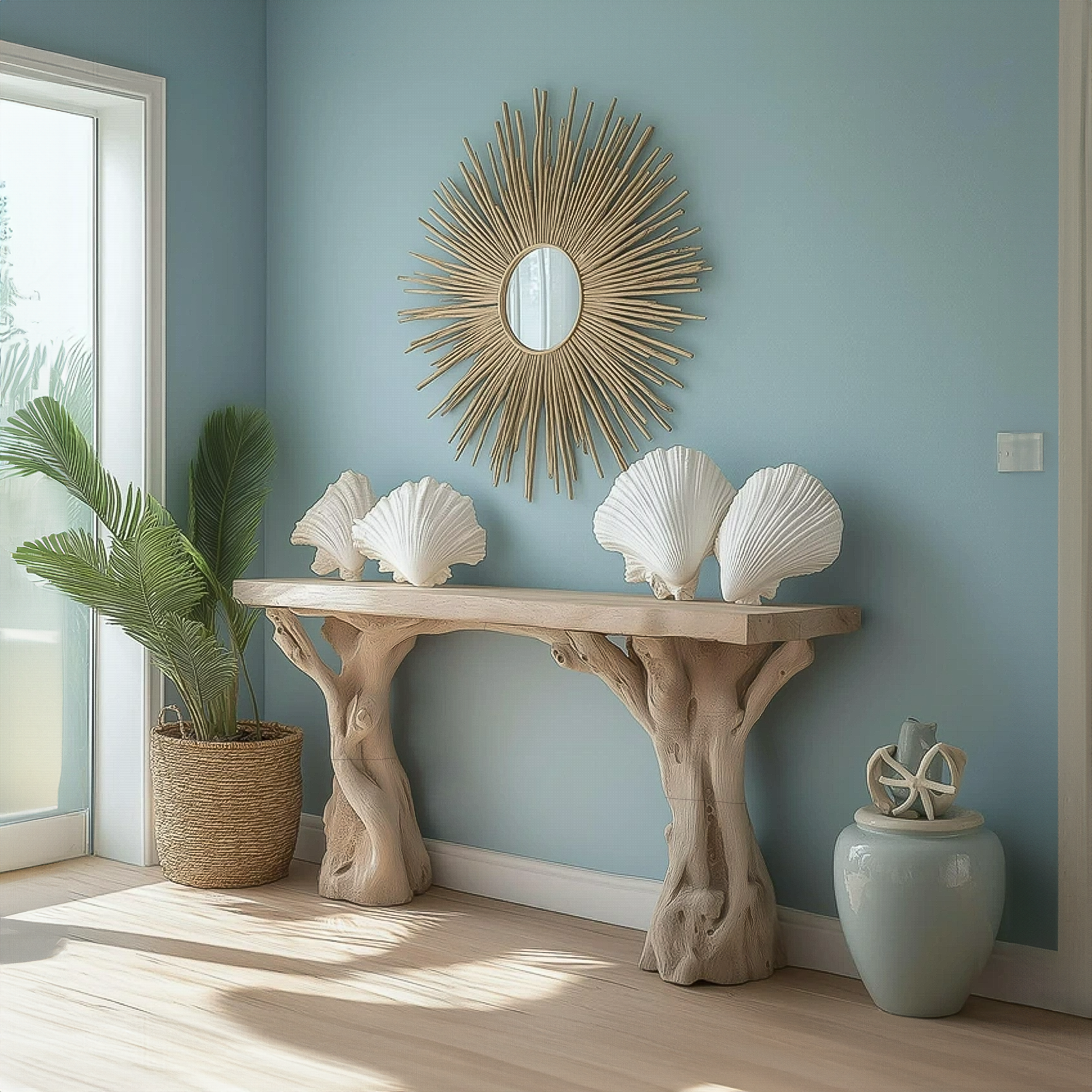 Beach Inspired Wooden Console Table Handcrafted Tree Form Design SINLSACS061