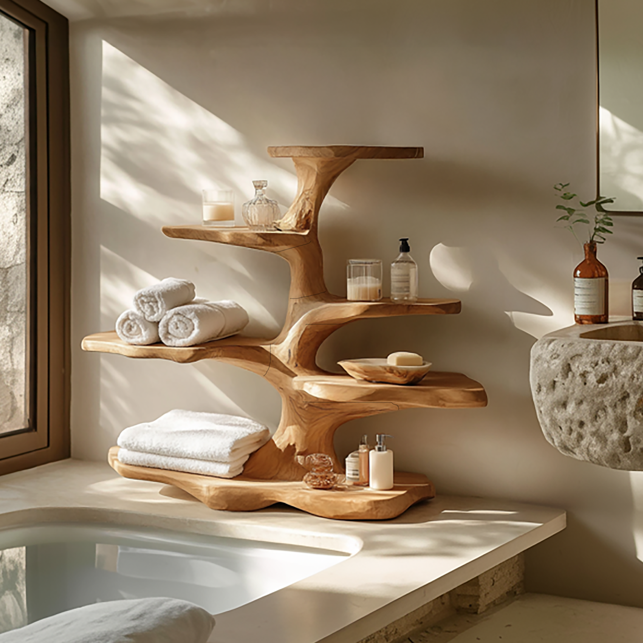 Organic Freestanding Tree Shelf For Bathroom Storage And Interior Decor SINLSABRD002