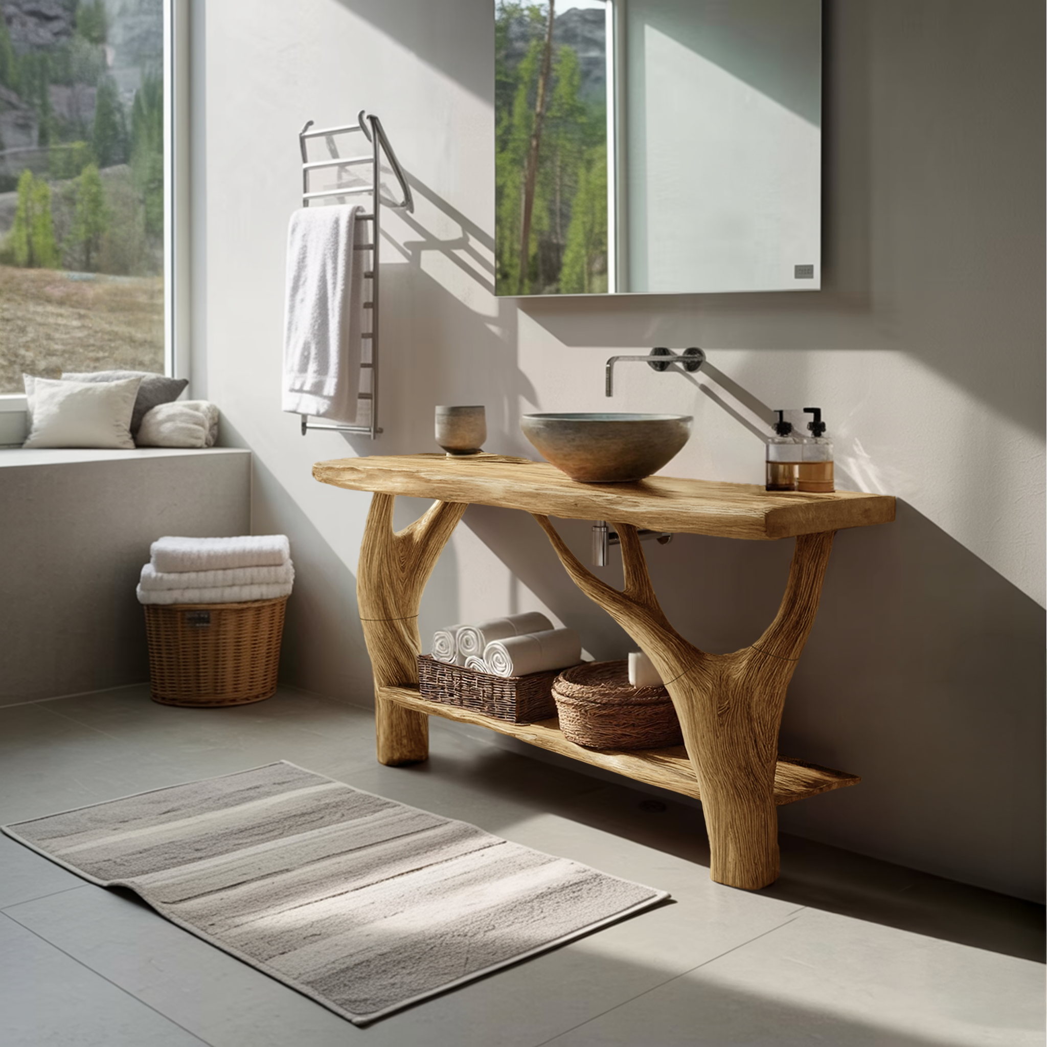 Mid Century Solid Wood Bathroom Vanity Organic Live Edge For Home Bath SILDTTRBRV103