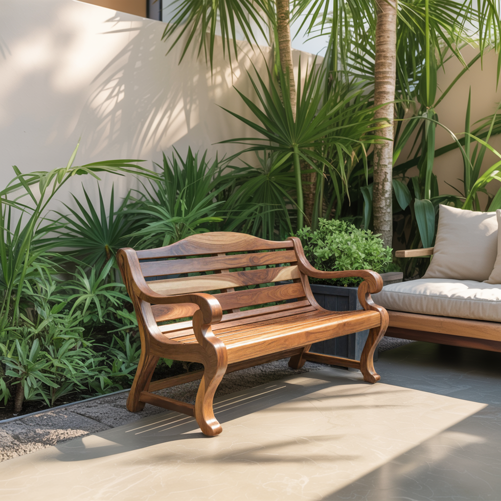 Elegant Curved Wood Garden Bench With Sculpted Arms For Entryway SITHTTCHR032