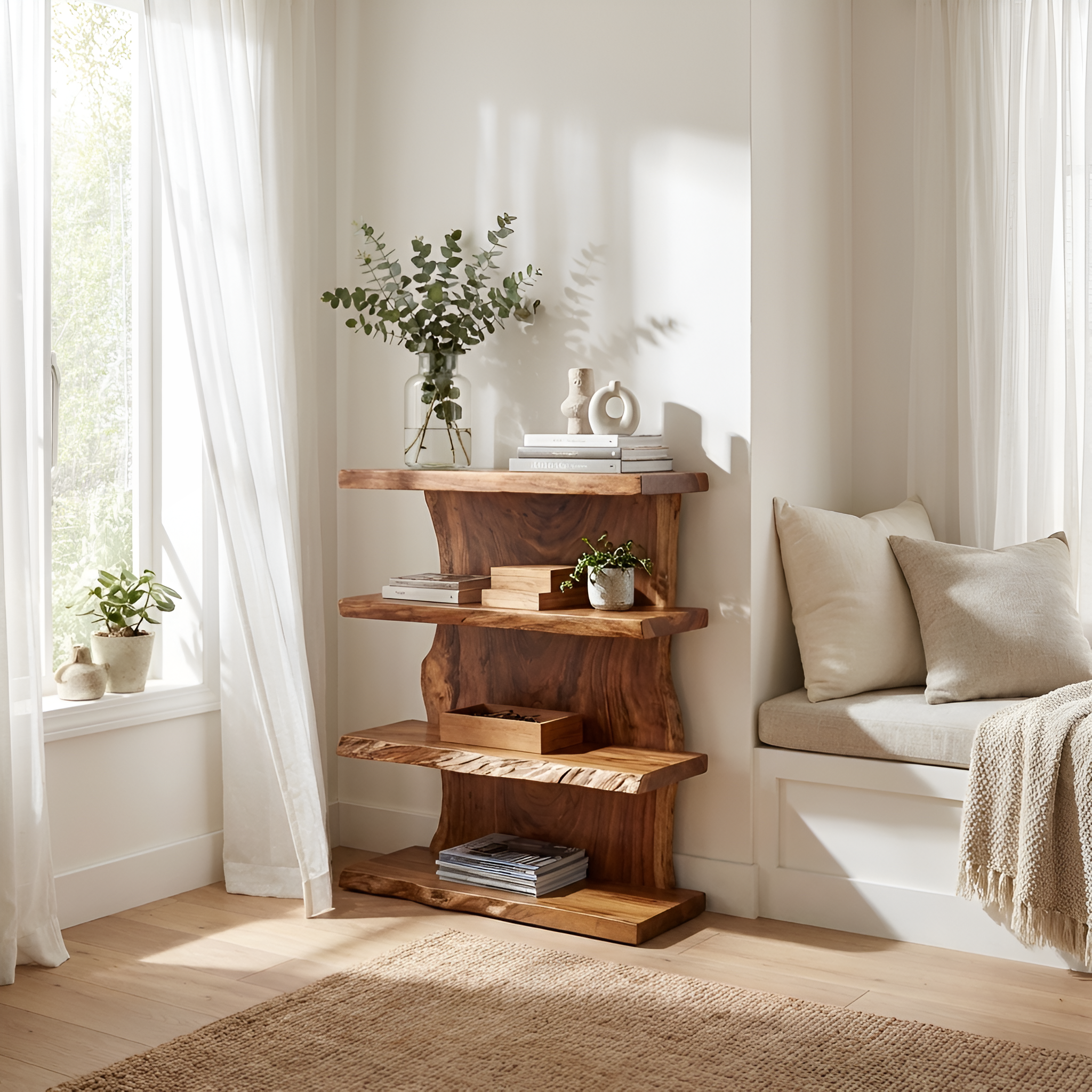 Modern Wooden Live Edge Standing Shelf For Entryway Storage Decor SILDTTNFGS013