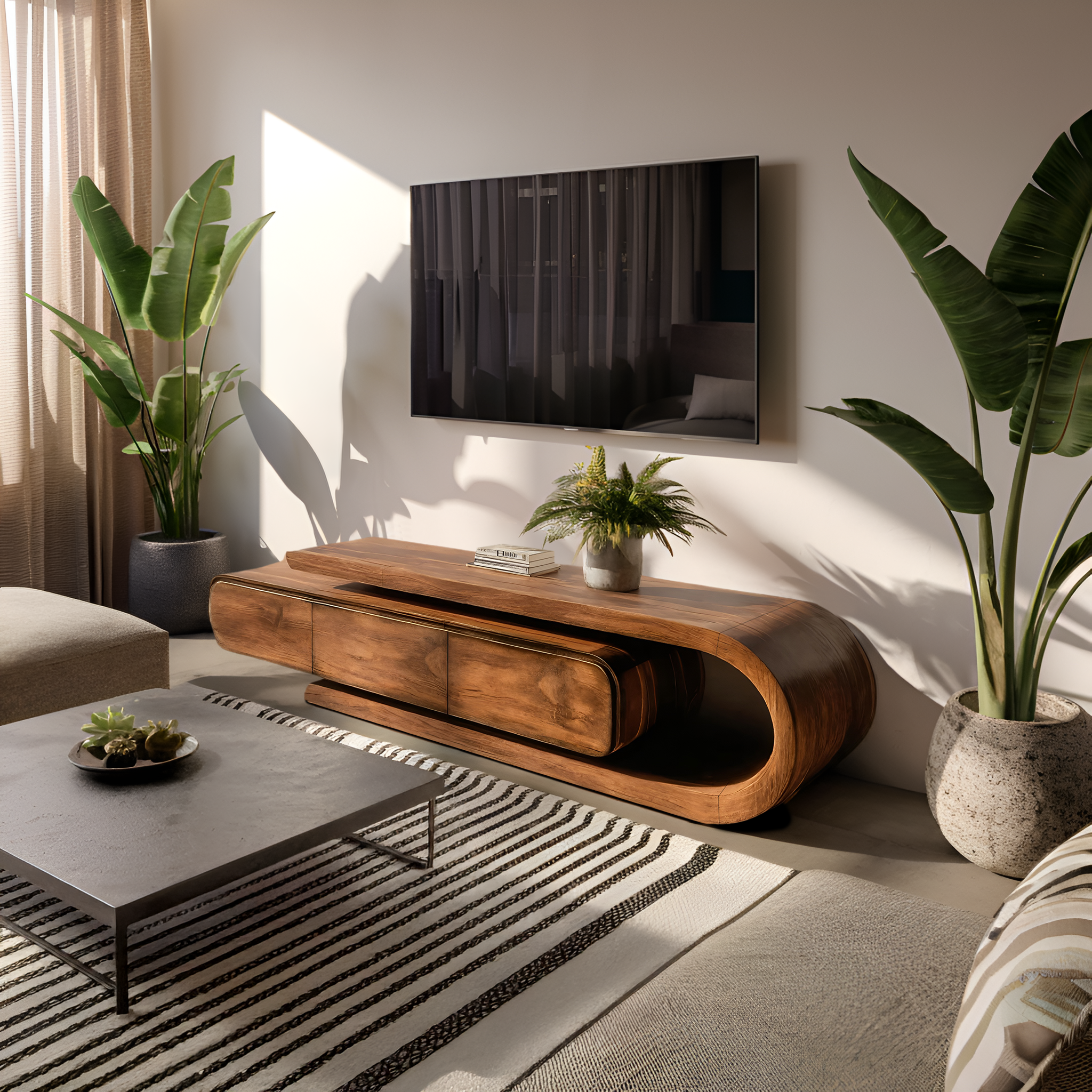 Contemporary Curved Wooden TV Console For Living Room RTTHHNTVC065