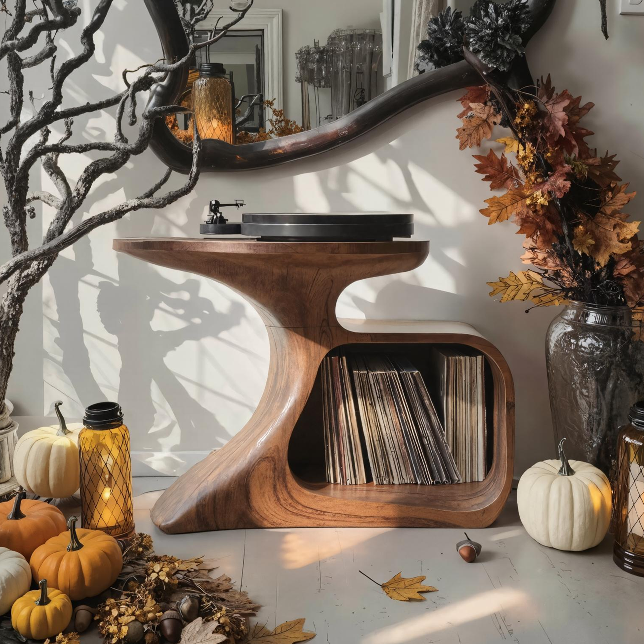Mid Century Wooden Live Edge Record Stand For Living Room Halloween Decor SILDTTNHRS001