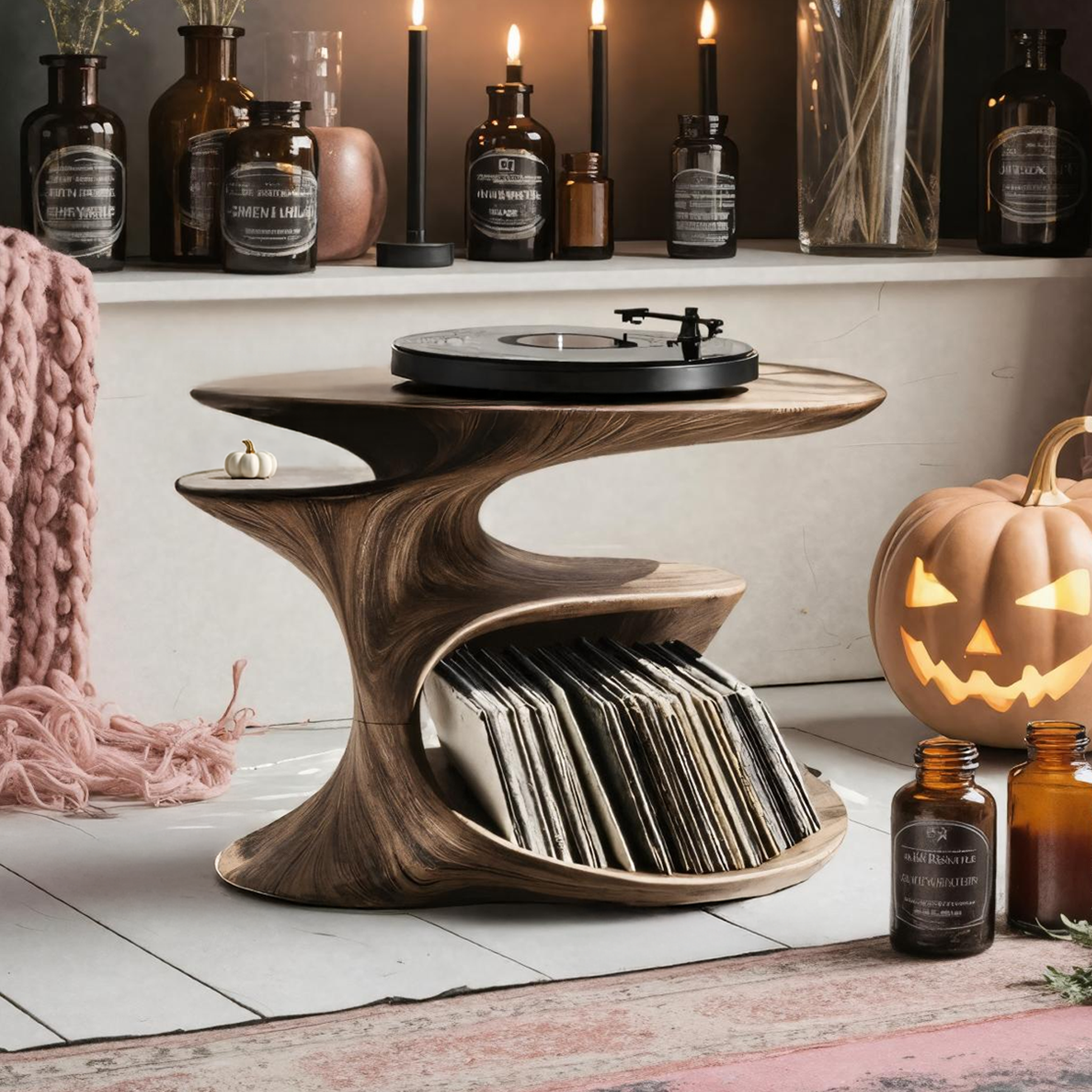 Handcrafted Wooden Live Edge Record Stand For Halloween Entryway Decor SILDTTNHRS007