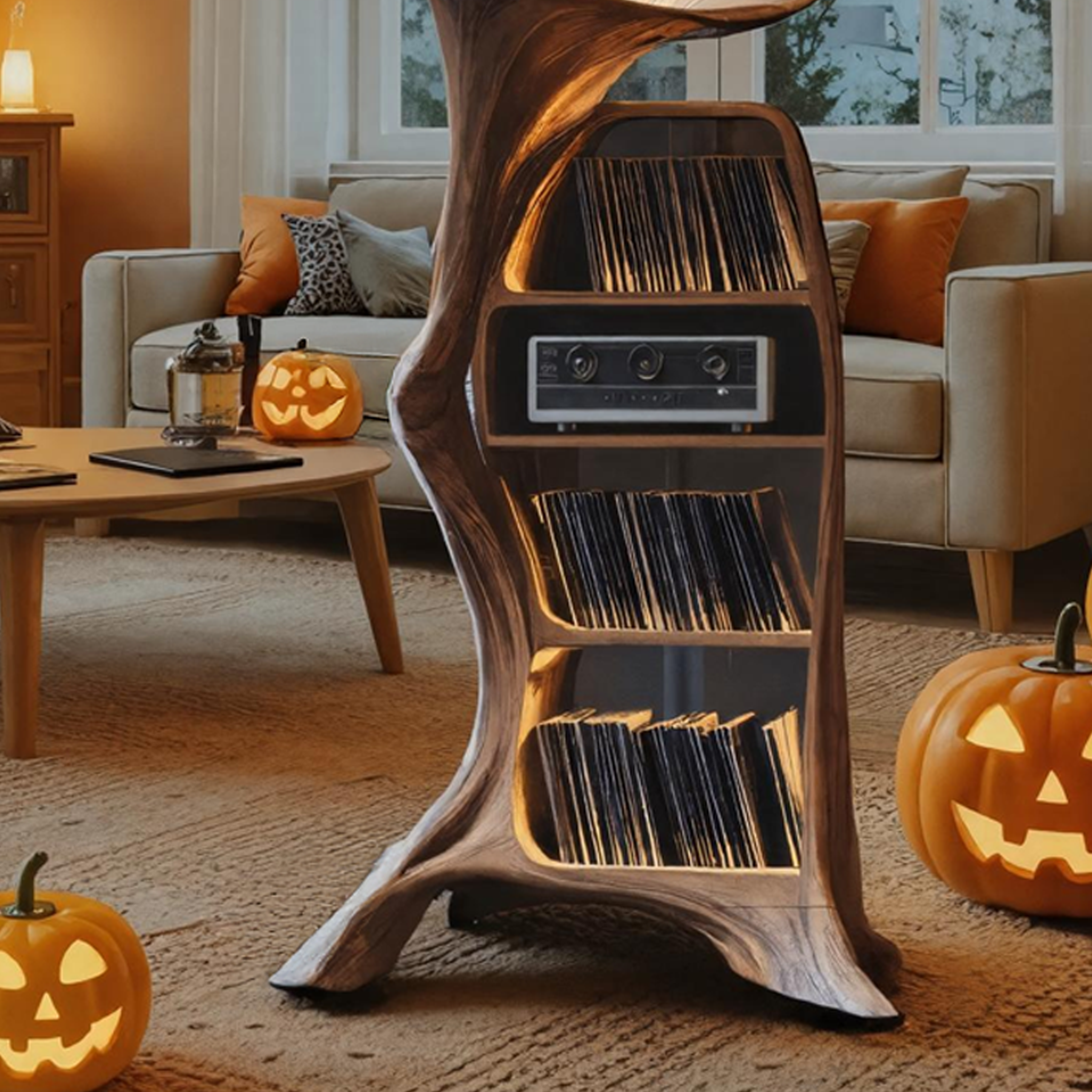 Mid Century Wooden Live Edge Record Stand For Living Room Halloween Decor SILDTTRHRS001