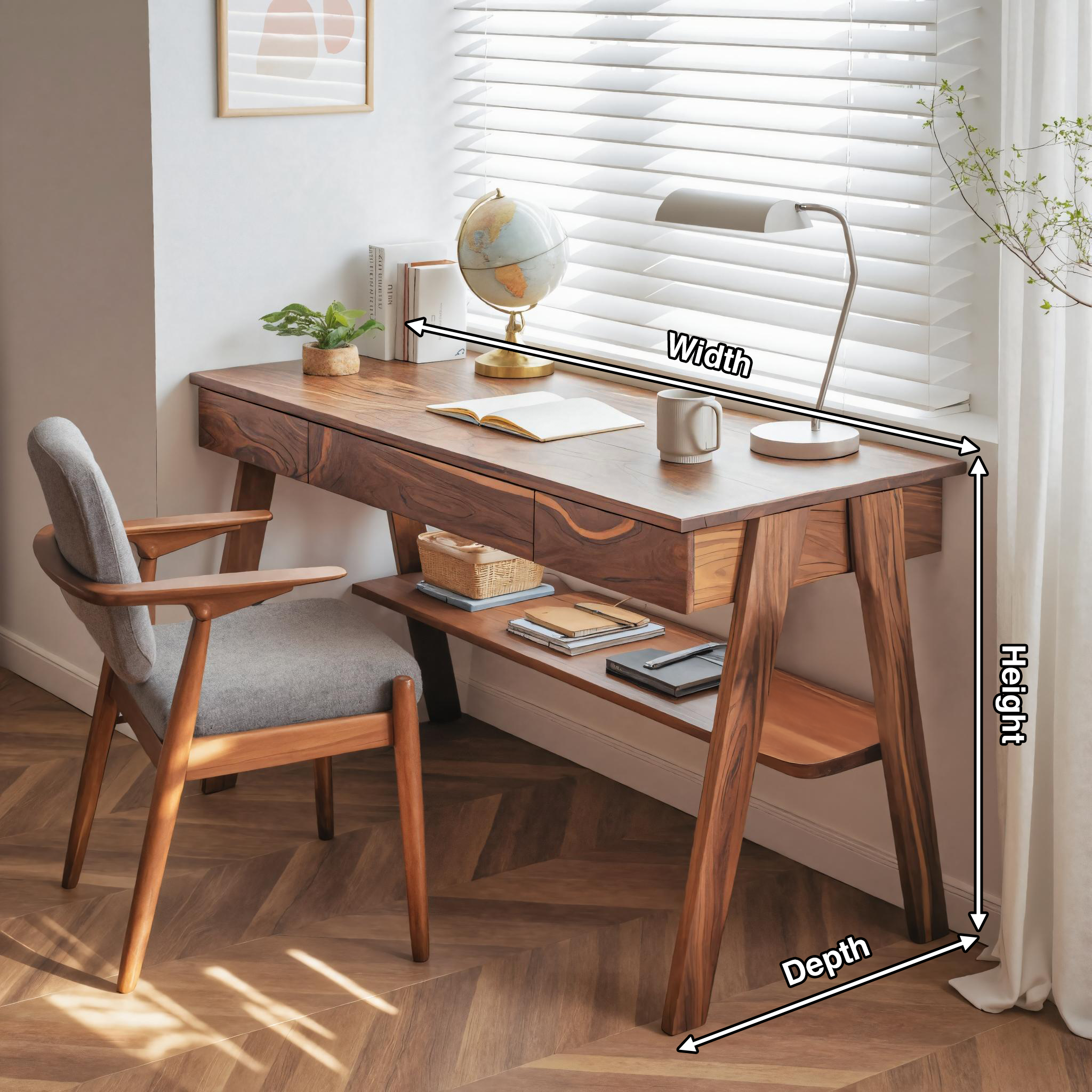 Mid Century Wooden Writing Desk With Drawers And Shelf For Home Office SITHTTDE017