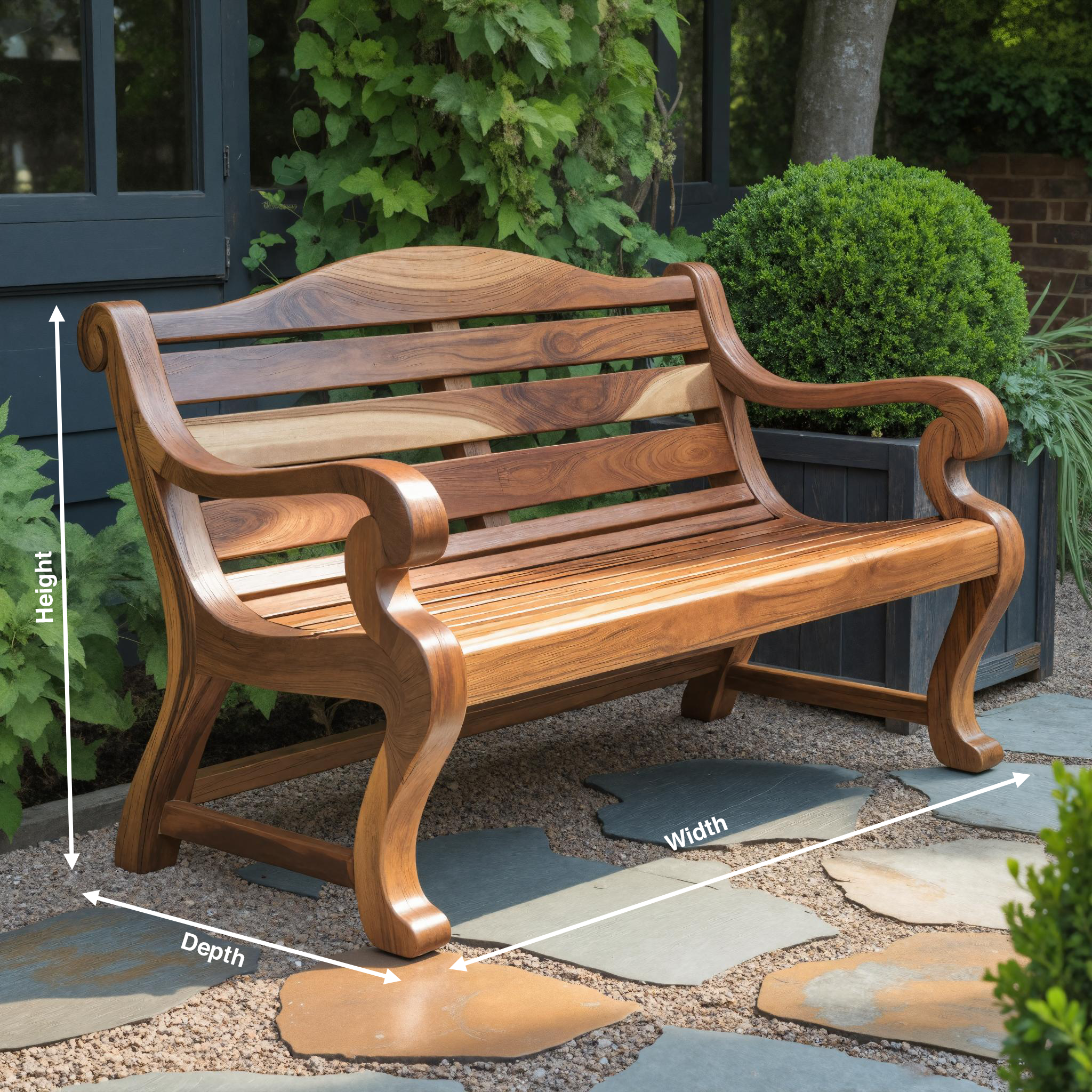 Classic Curved Wood Garden Bench With Sculpted Arms For Patio Or Entryway SITHTTCHR032