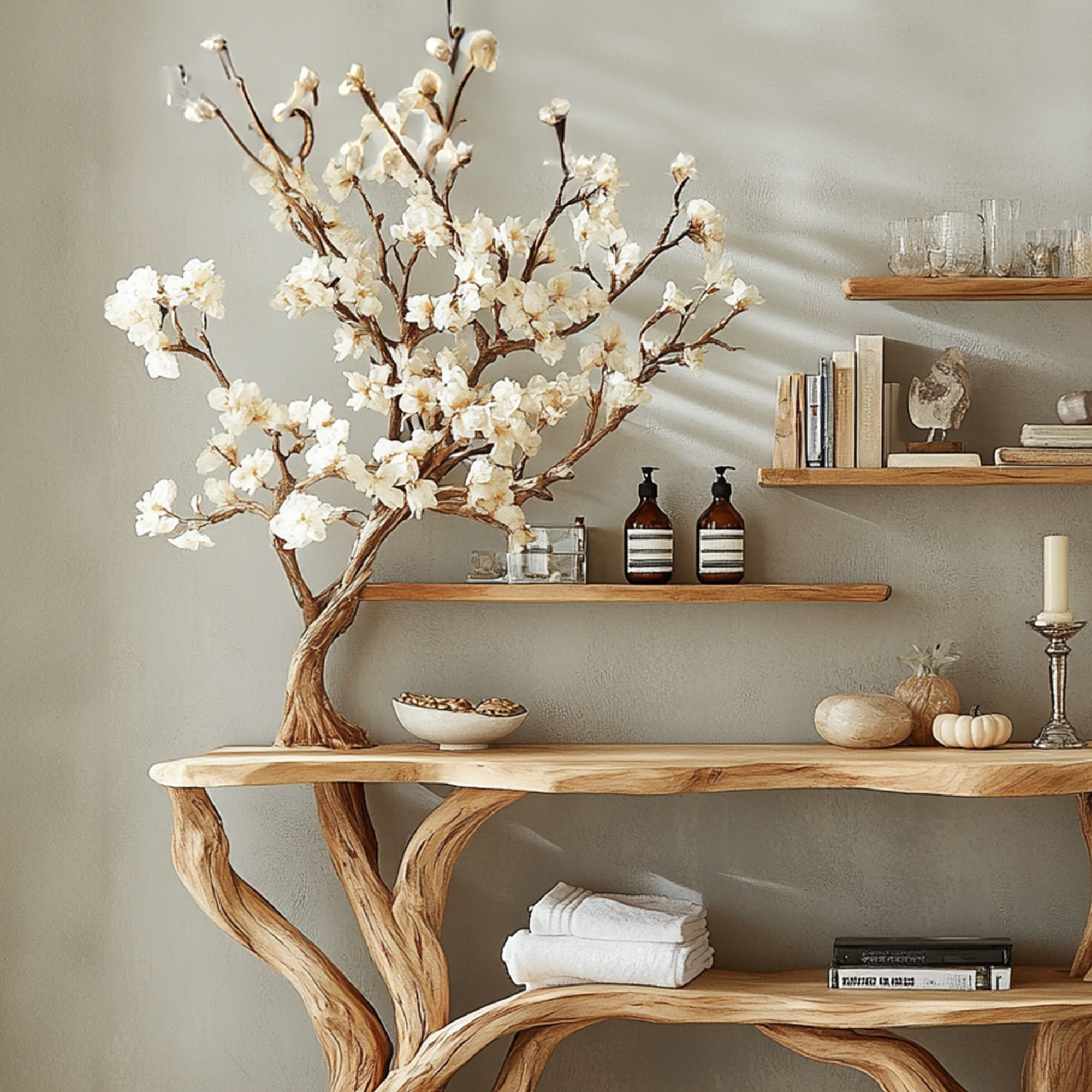 Narrow Console Table With Tree Branch Bookshelf SINLCS041