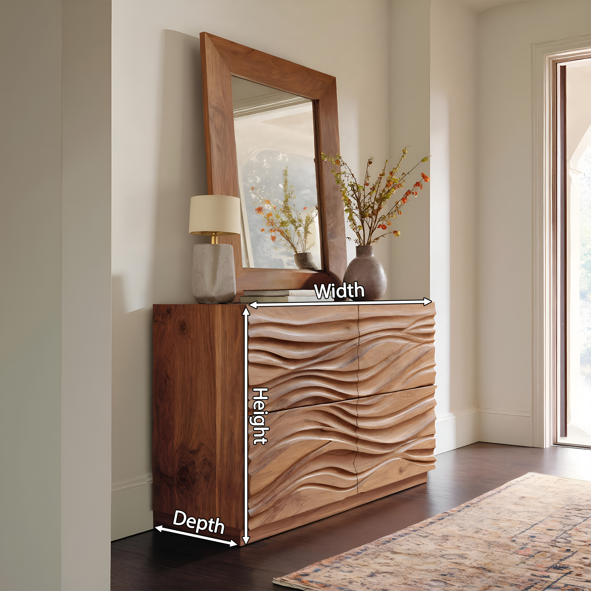 Handcrafted Sideboard Carved Wave Design For Living Decor RTTHHNSD007