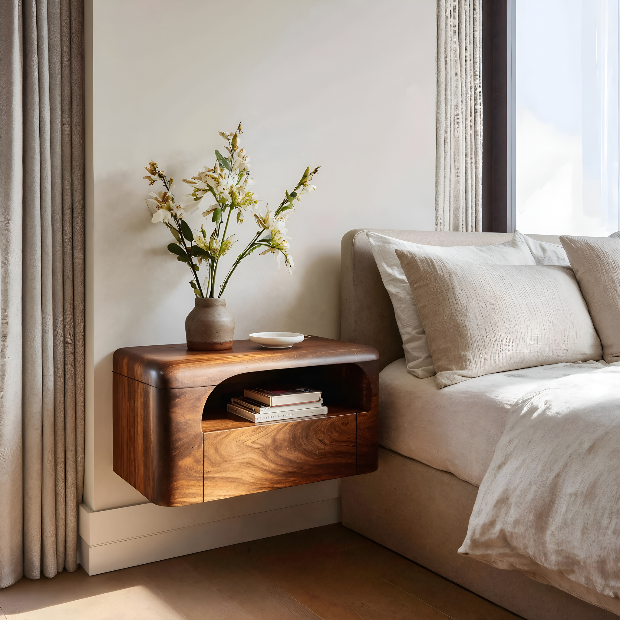 Organic Wall Mounted Bedside Table With Drawer For Bedroom RTTHHNNS007