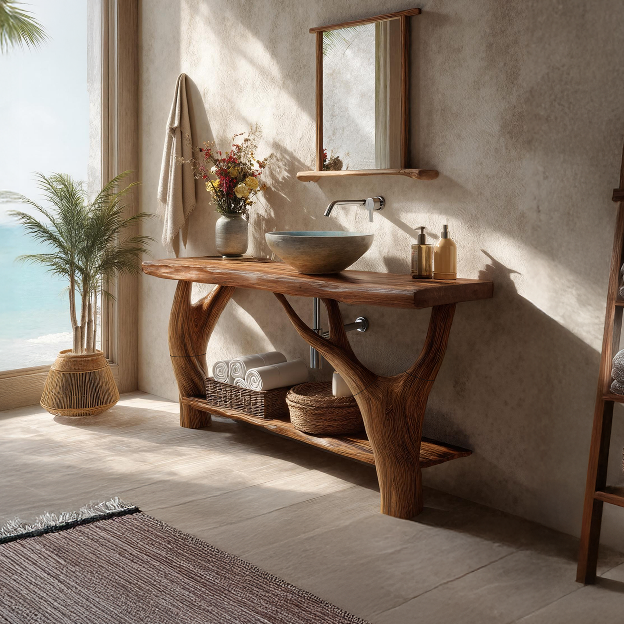 Mid Century Solid Wood Bathroom Vanity Organic Live Edge For Home Bath SILDTTRBRV103