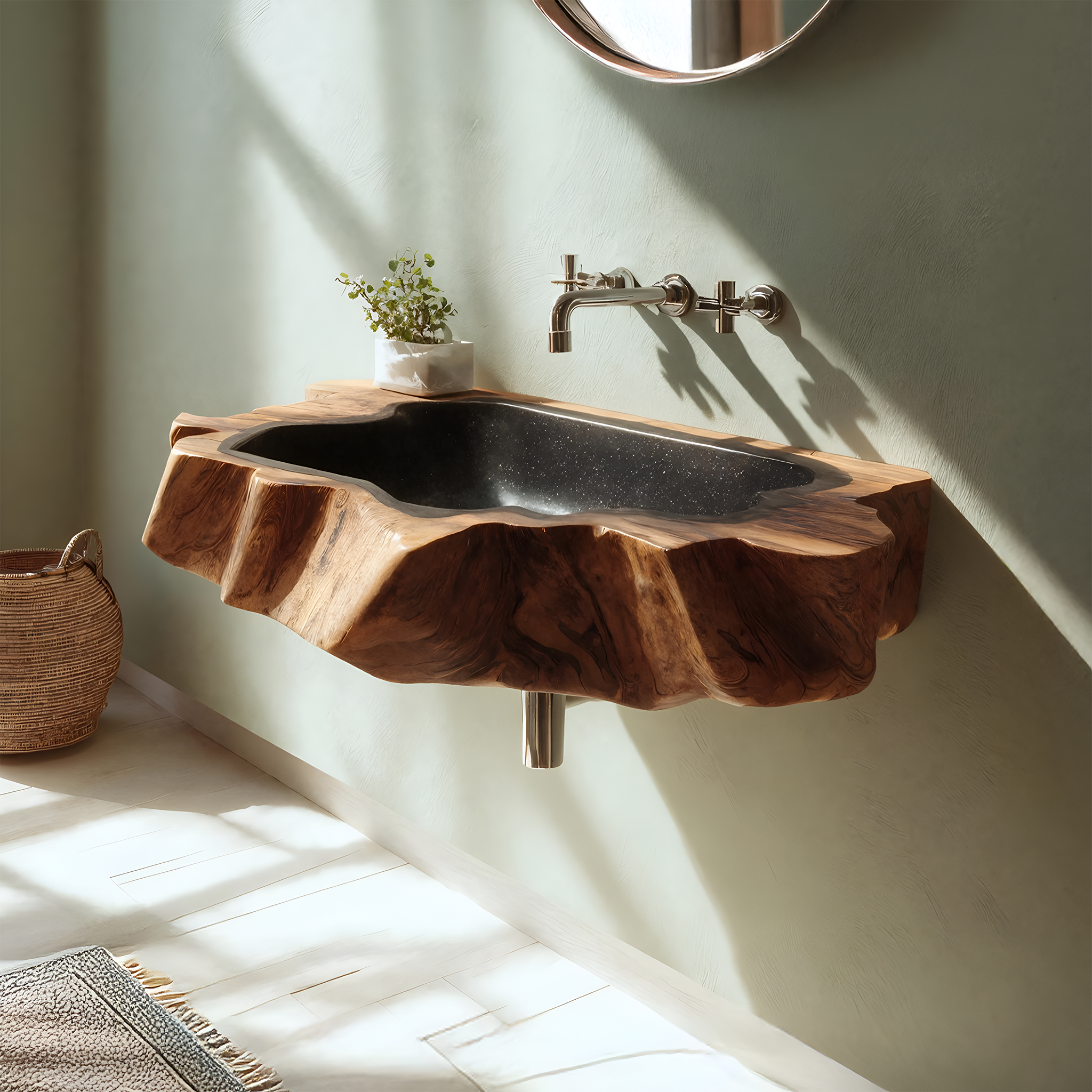 Handcrafted Wooden Wall Mounted Bathroom Sink For Natural Decor SILDTTNVS075