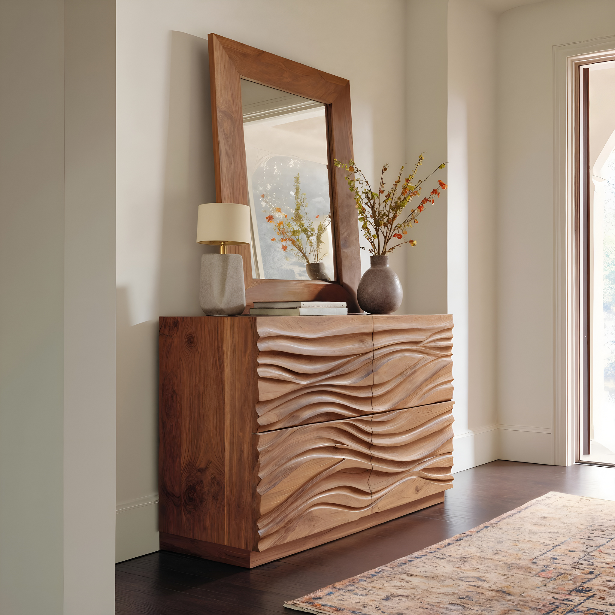 Handcrafted Sideboard Carved Wave Design For Living Decor RTTHHNSD007