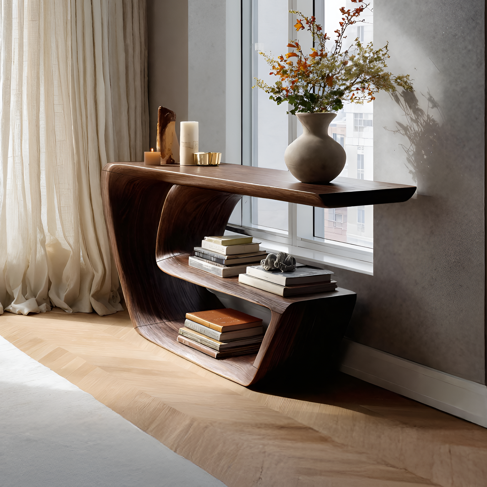 Mid Century Solid Wood Console Table Handmade Sculptural For Living Room SILDTTNCS090