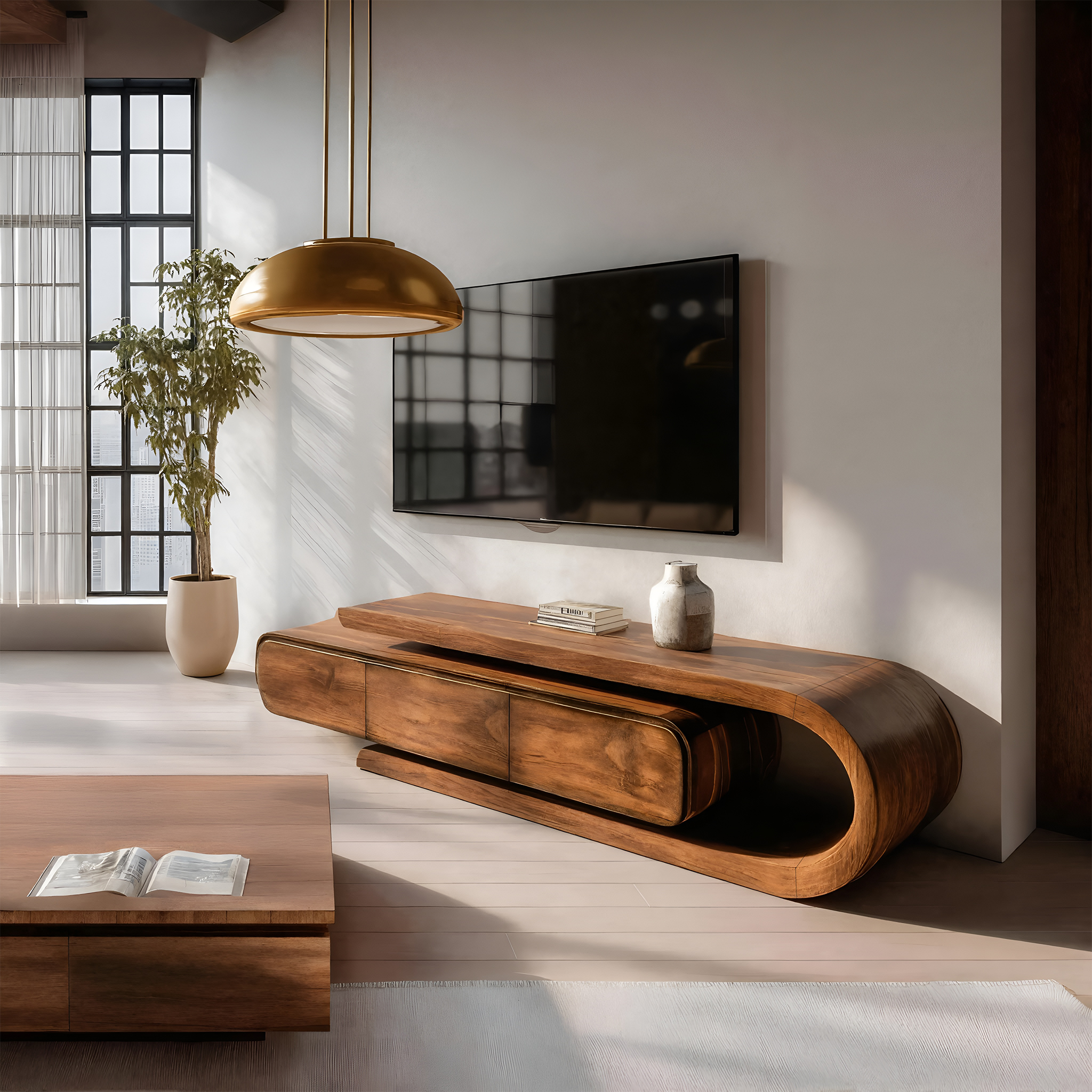 Contemporary Curved Wooden TV Console For Living Room RTTHHNTVC065