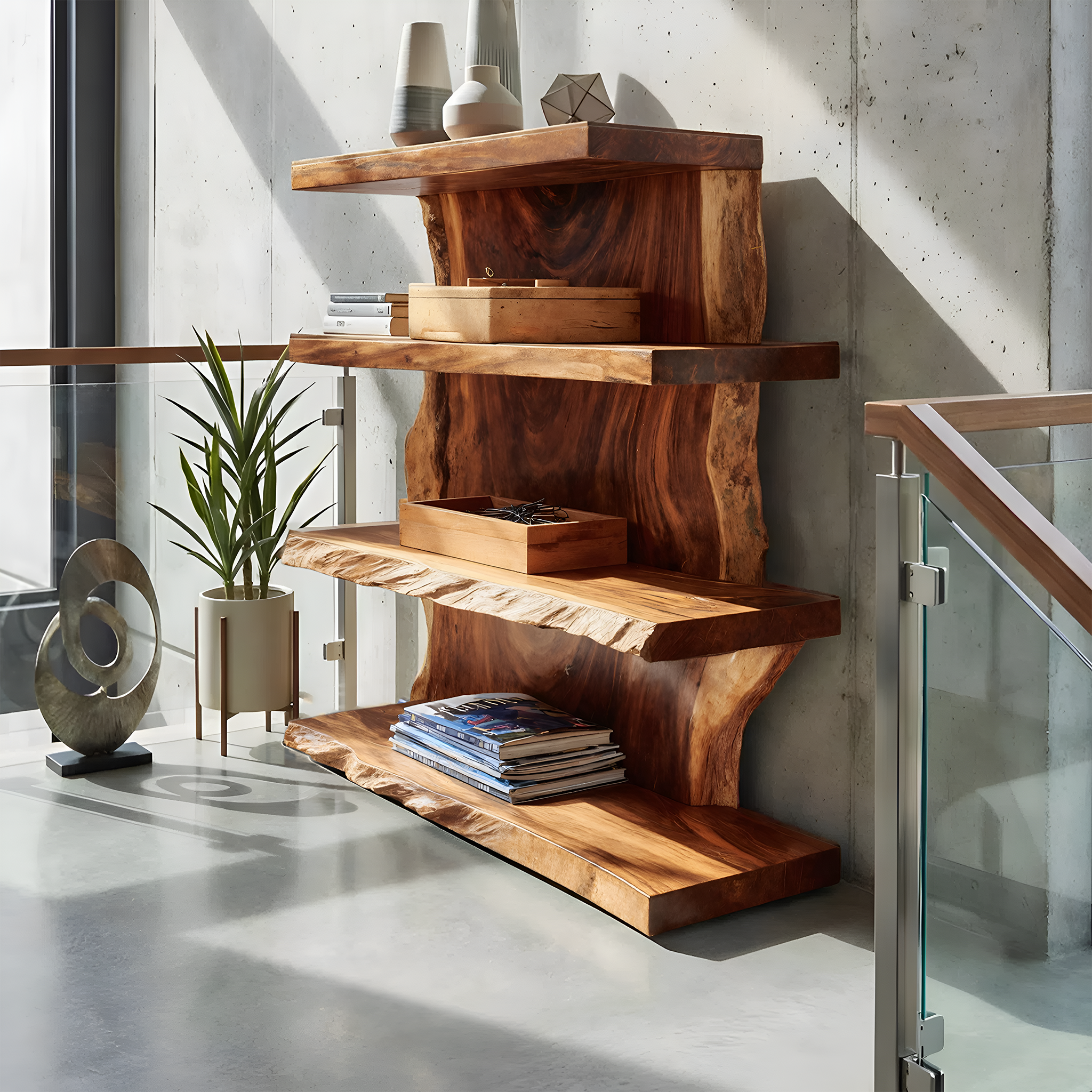 Modern Wooden Live Edge Standing Shelf For Entryway Storage Decor SILDTTNFGS013