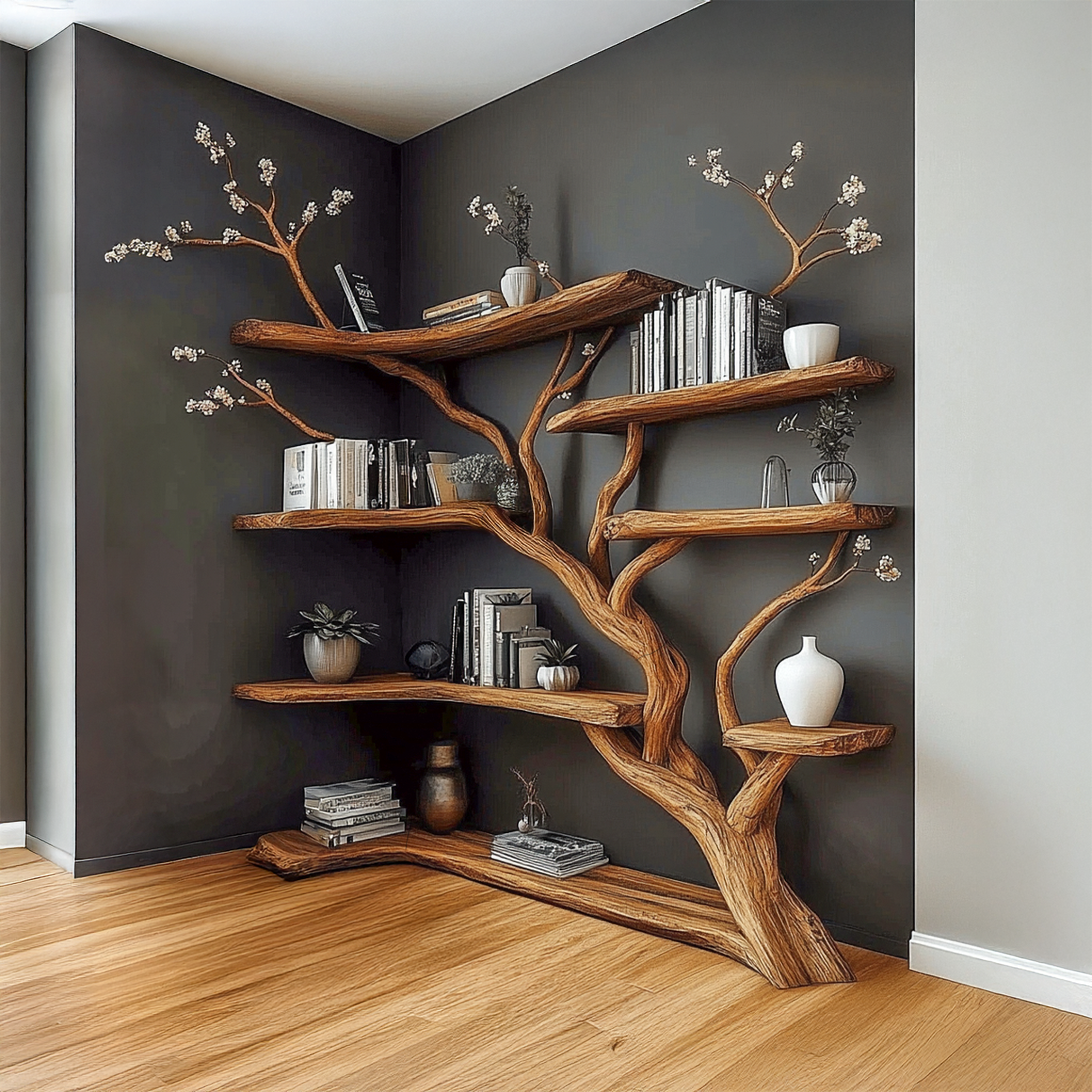 Handcrafted Tree Corner Storage Shelf Living Room Interior Feature Decor SINLSATB647