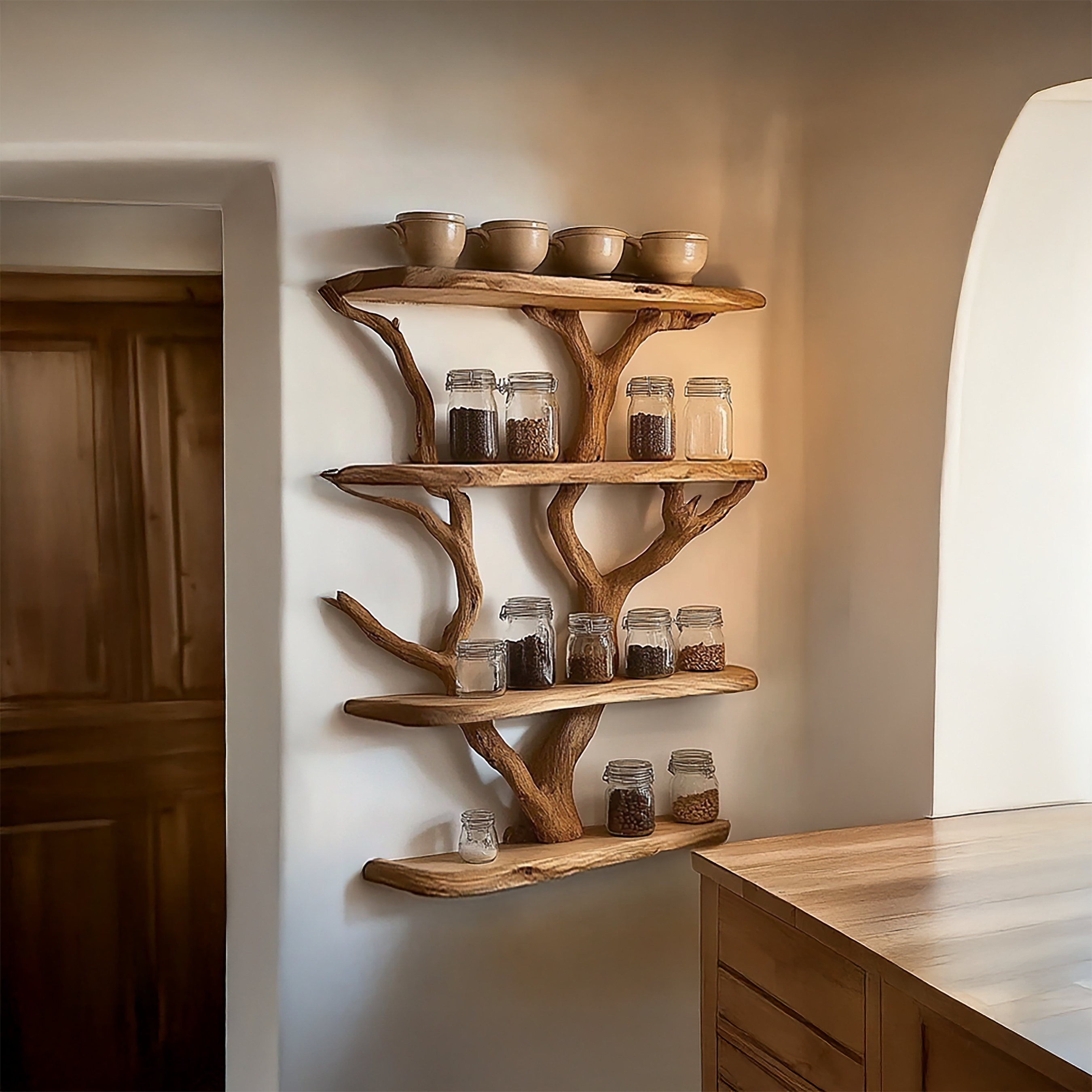 Rustic Organic Tree Kitchen Wall Shelf Kitchen Interior Pantry Display SINLSATBS118
