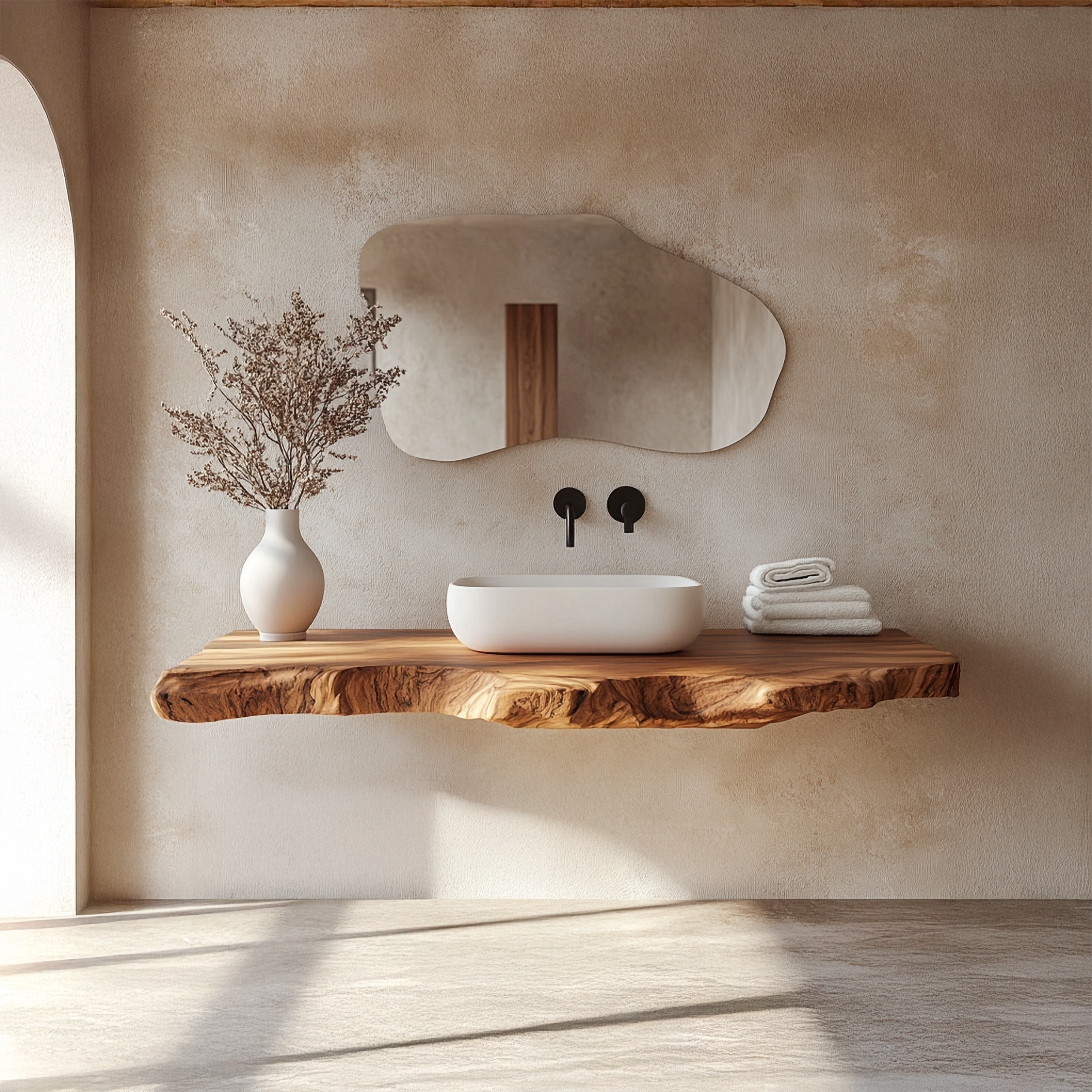 Contemporary Spa Bathroom Vanity Floating Live Edge Wood Counter SINLSABRV263