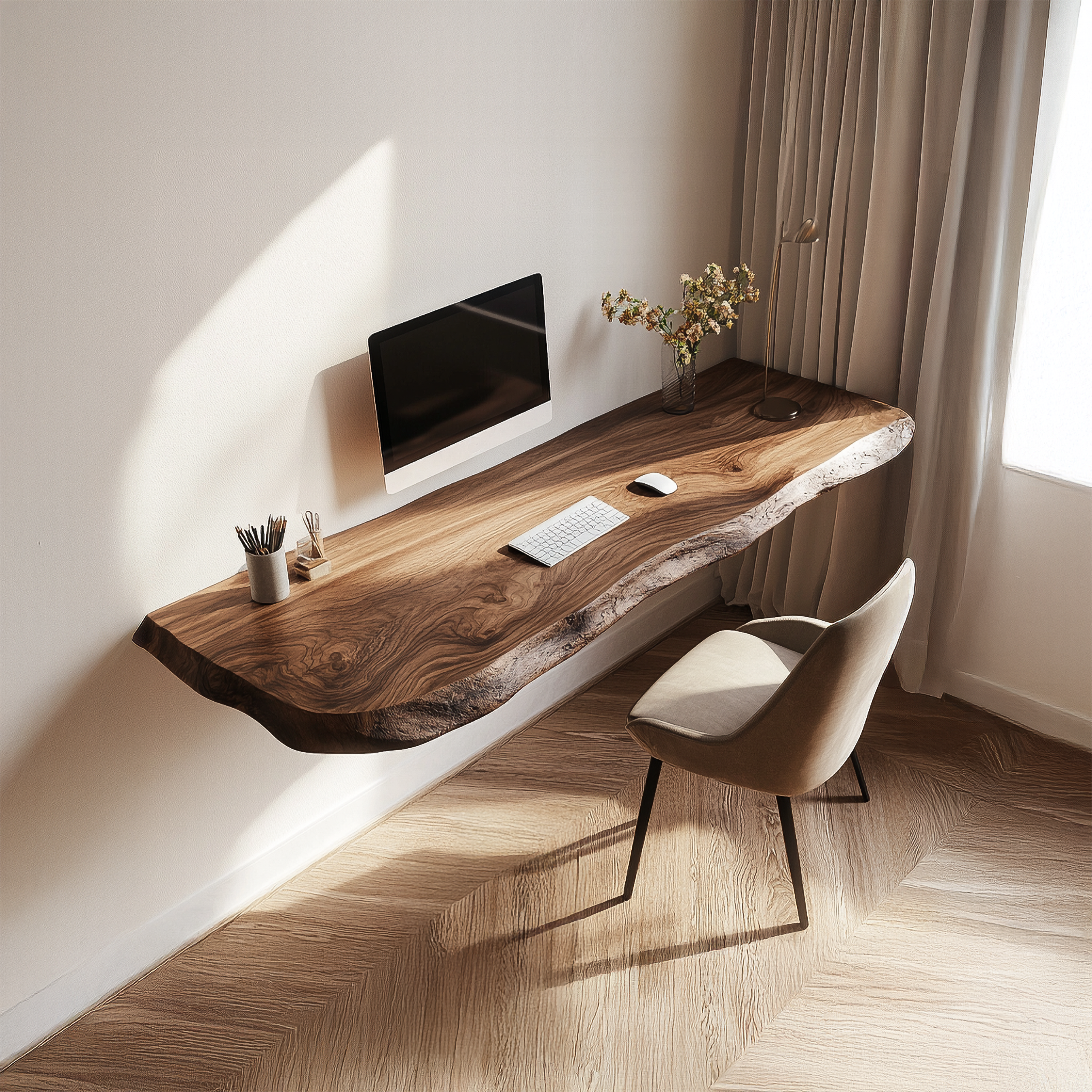 Rustic Live Edge Floating Desk Solid Wood Home Office Interior Wall Mounted SINLSAFL429