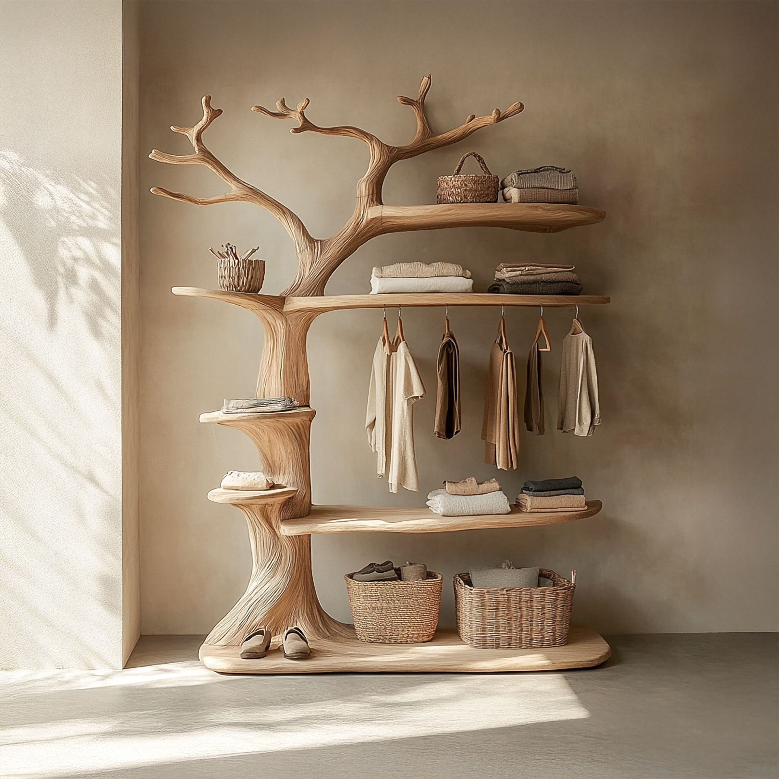Rustic Tree Clothing Rack With Display Shelves For Bedroom SINLSATCR080