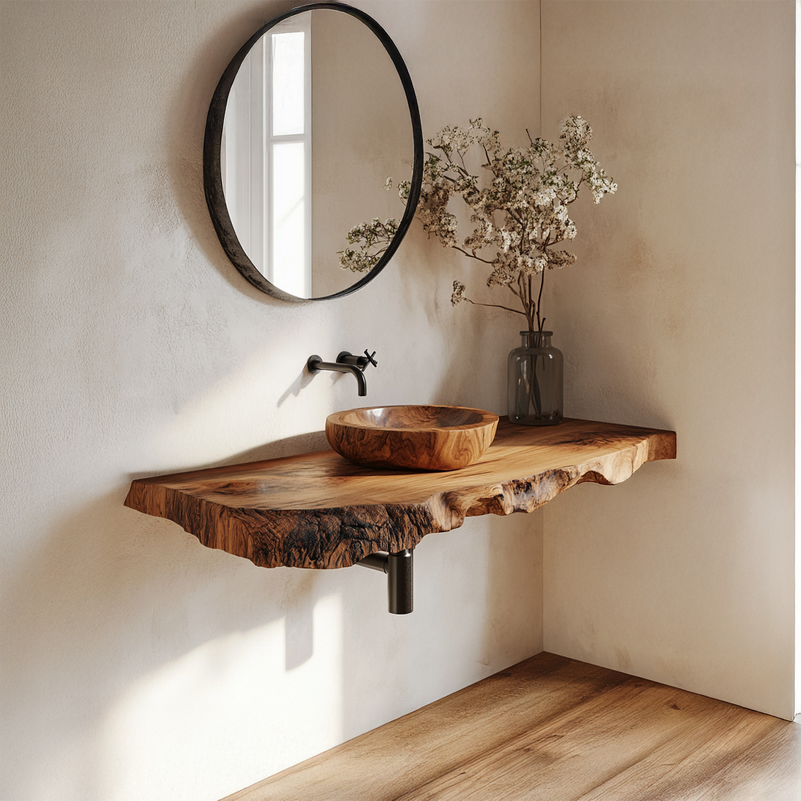 Organic Modern Live Edge Bathroom Vanity Floating Shelf Wall Console SINLSABRV260