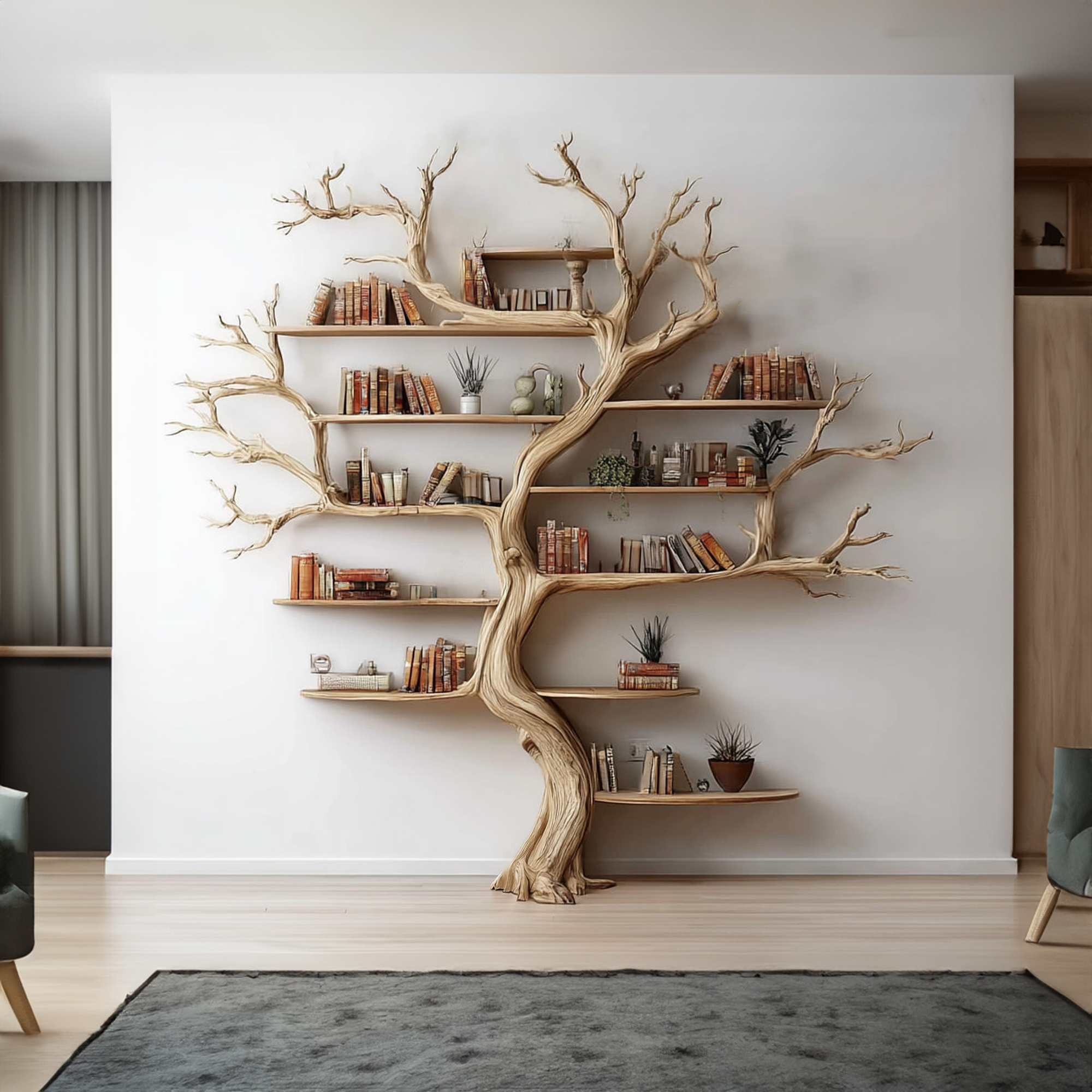 Rustic Tree Wall Bookshelf Living Room SINLKITB288
