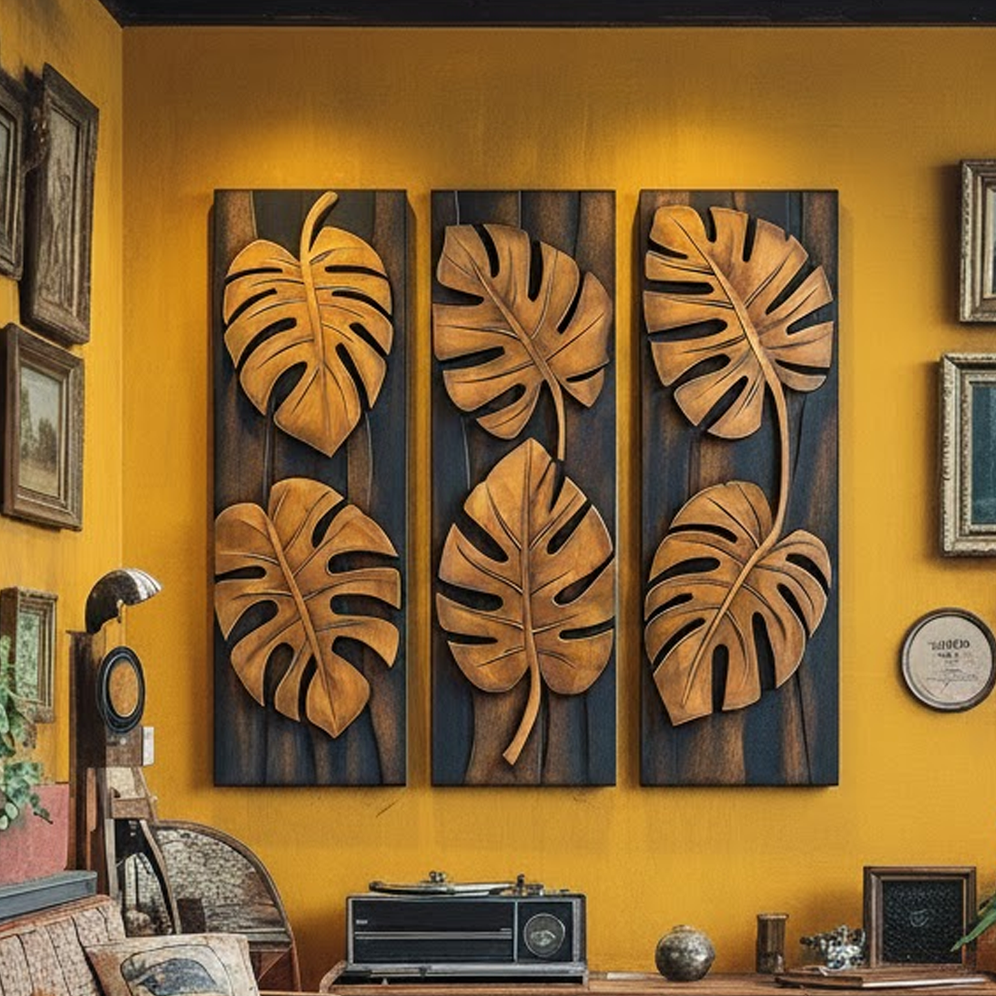 Tropical Monstera Carved Solid Wood Wall Art Panel Set Interior Decor SINLKIWD021