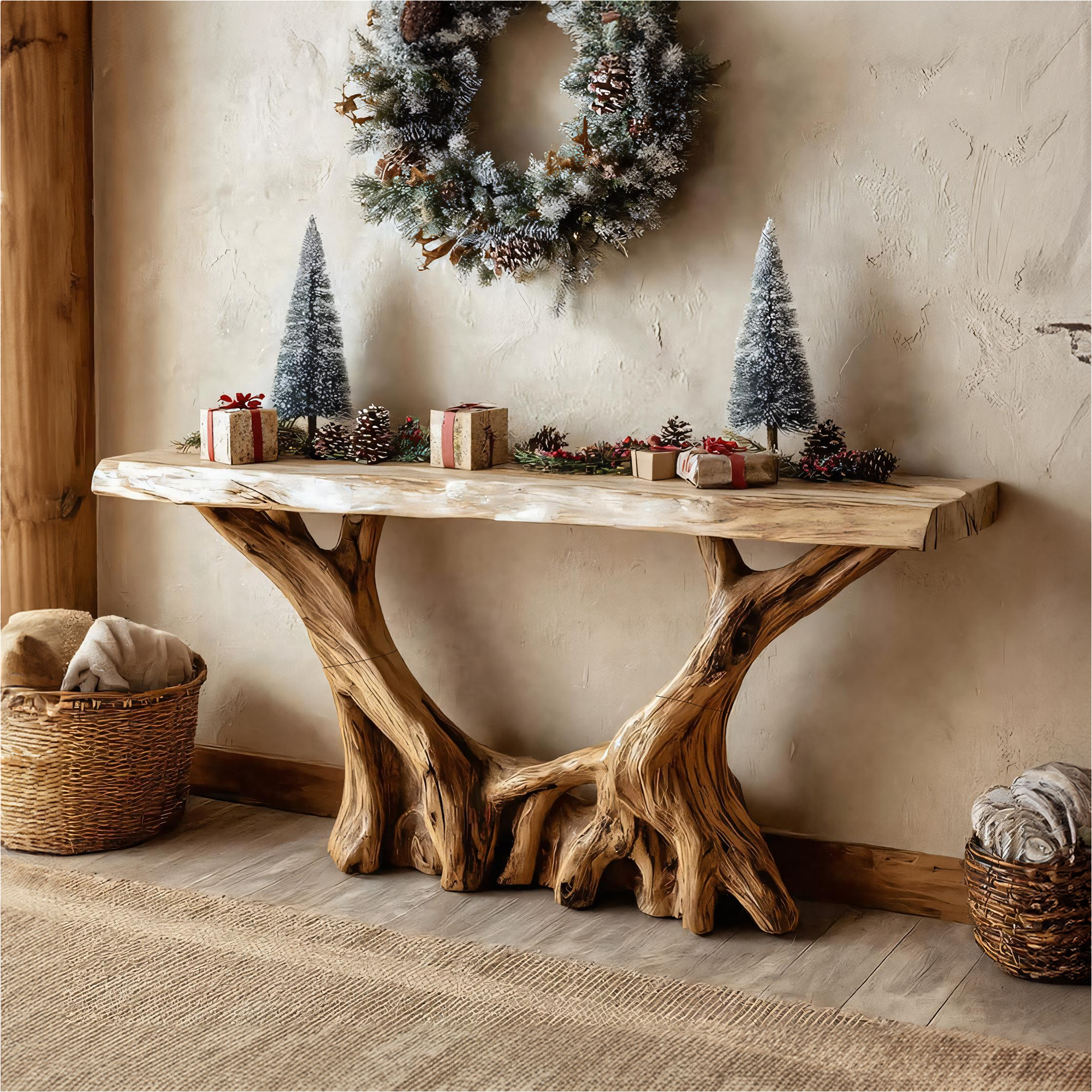 Rustic Sculptural Console Table Holiday Decor Living Room SINLKICS361