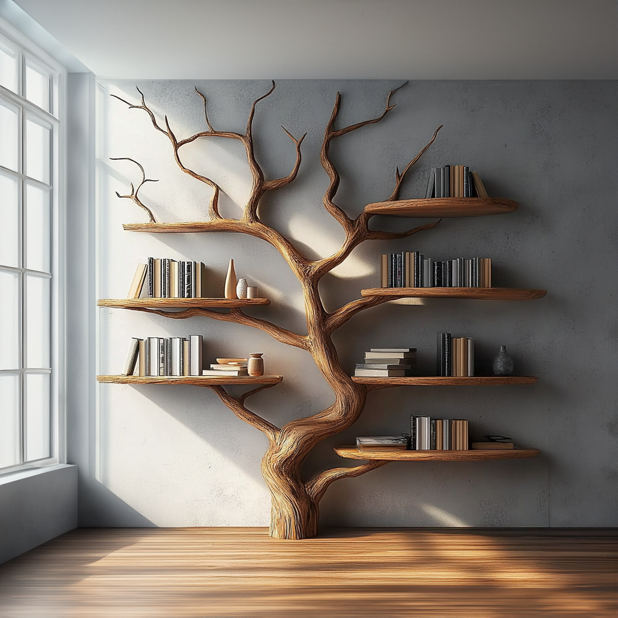 Rustic Tree Wall Shelf Solid Wood Minimal Artistic Design Living Room SINLKITB555