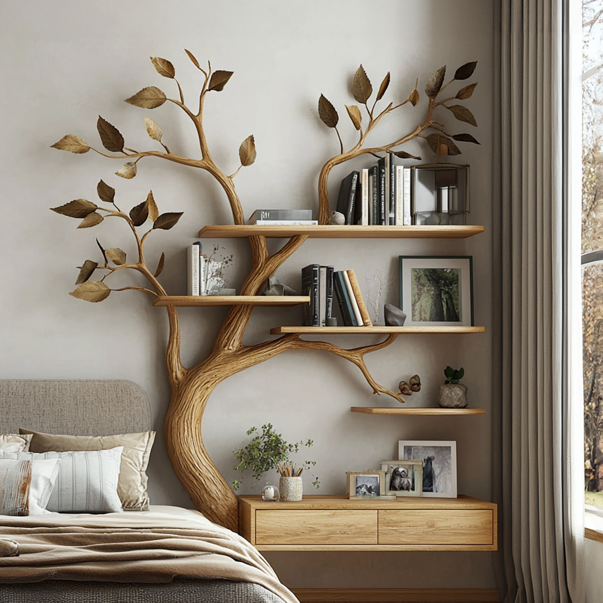 Rustic Tree Bookshelf Vanity With Cabinet Organic Bedroom Wall SINLKITBS072