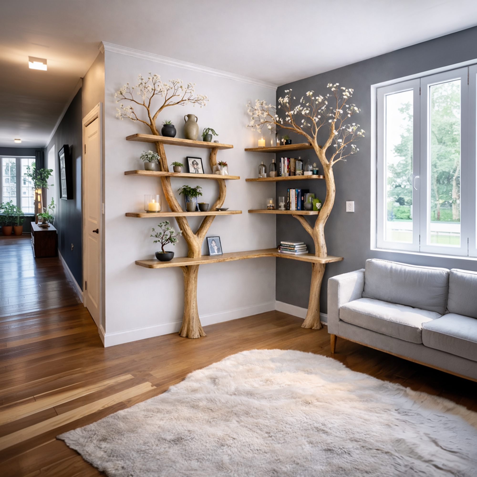 Nature Inspired Tree Display Bookcase Solid Wood Living Room Interior Wall Feature SINLKITB640