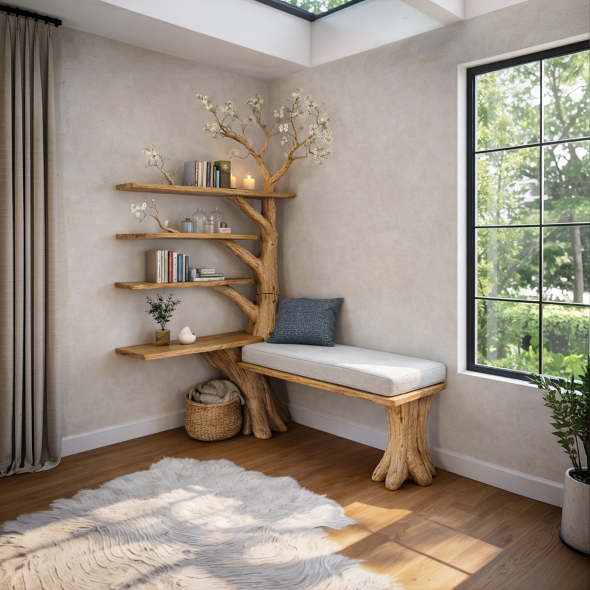 Rustic Artistic Tree Bookshelf With Bench Living Room Interior Statement Furniture SINLKITB653