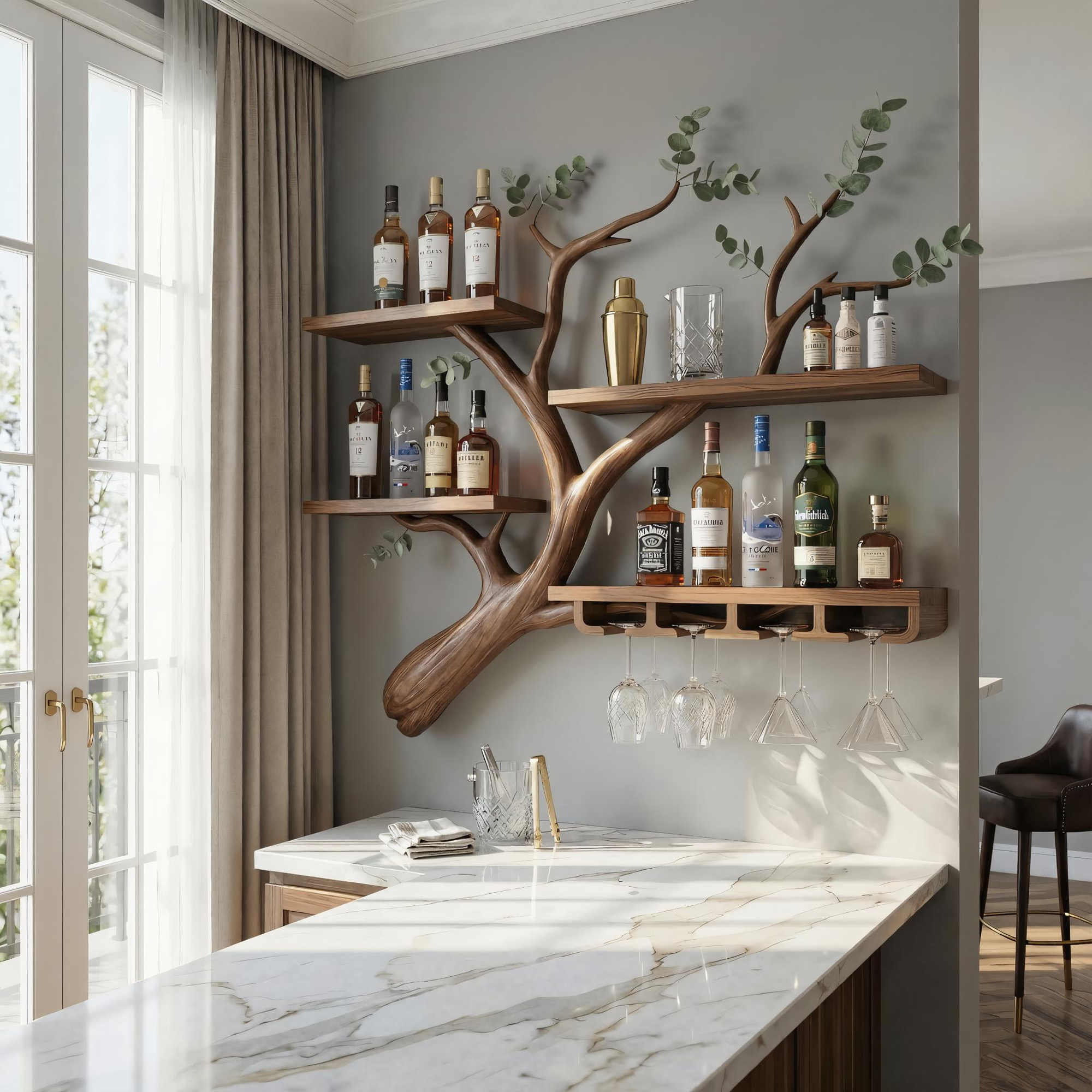 Rustic Tree Branch Wine Rack Wooden Wall Mounted Shelf For Kitchen Dining Room Home Bar SINLKIWR017