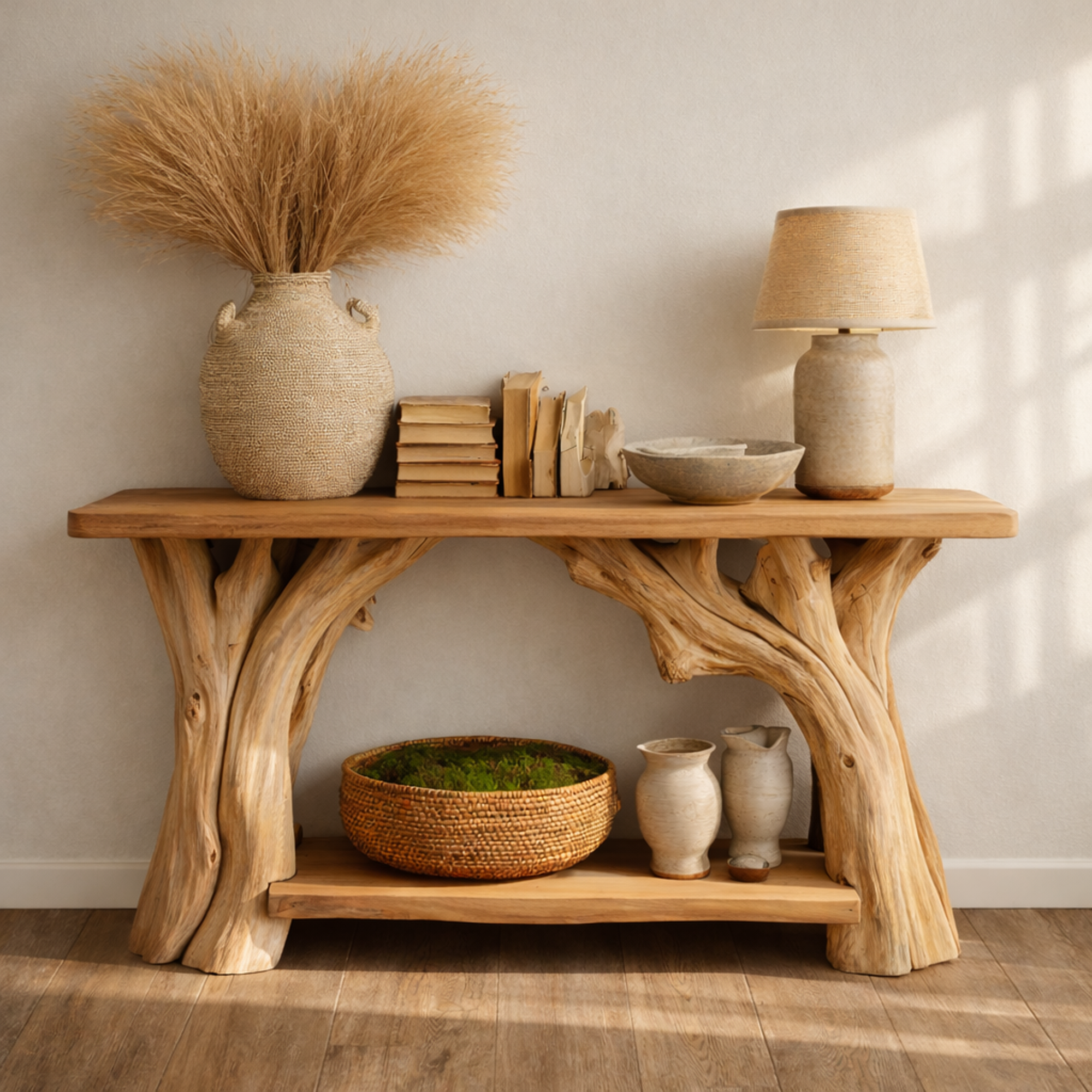 Organic Rustic Console Table Sculptural Tree Legs And Bottom Shelf For Hallway SINLKICS481