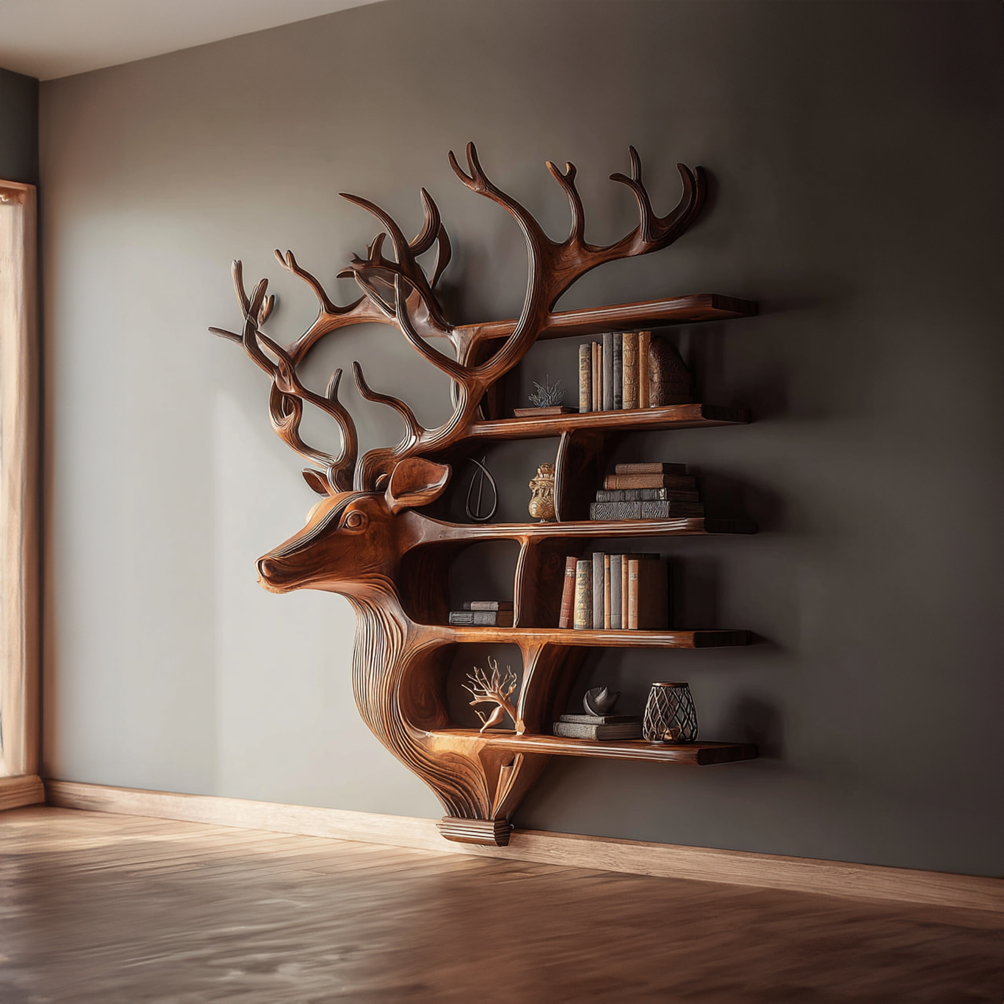 Rustic Deer Bookshelf Wall Mounted Living Room Display SINLKISC128